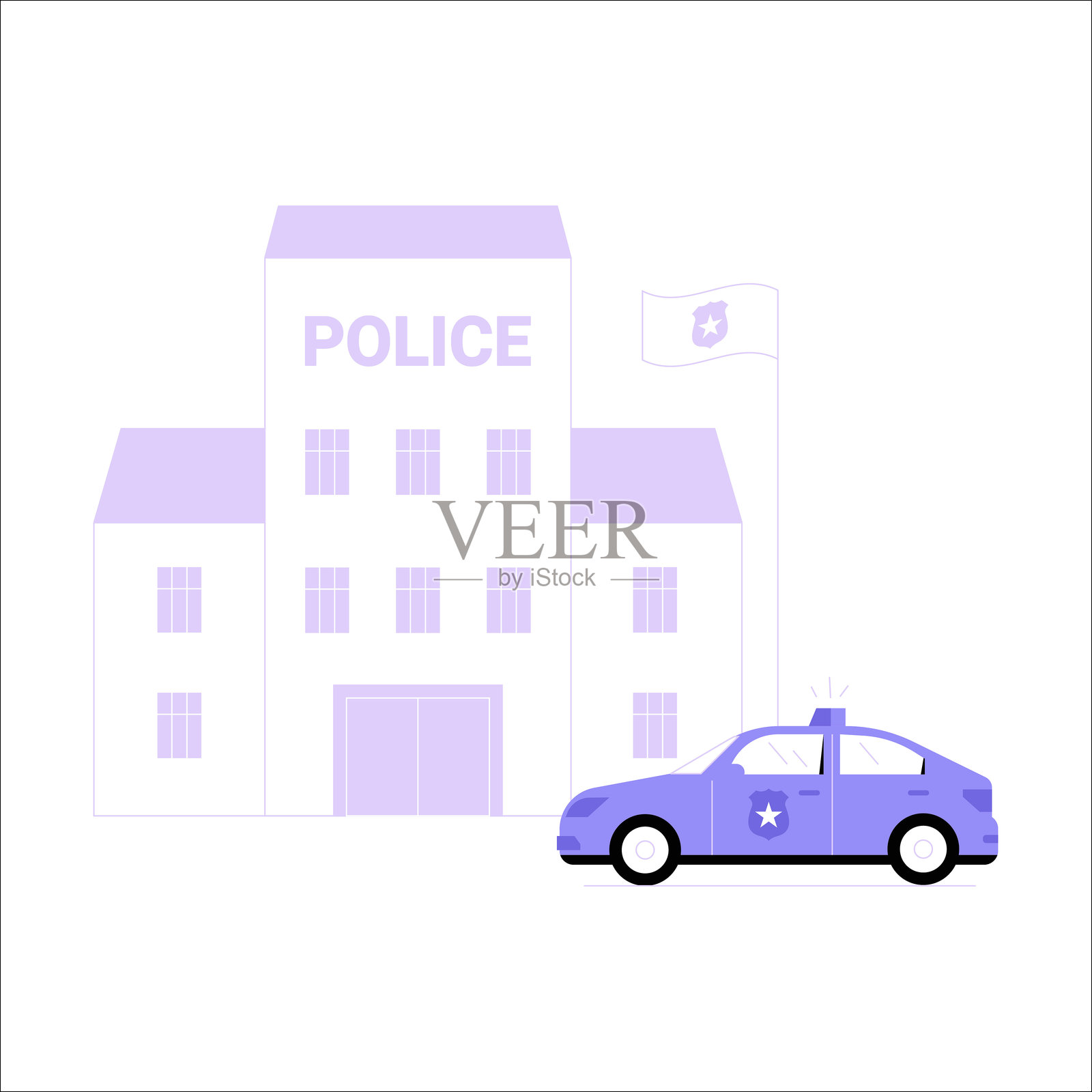警察局和巡逻车的扁平矢量插图，象征着执法、公共安全和安保，背景为白色。插画图片素材