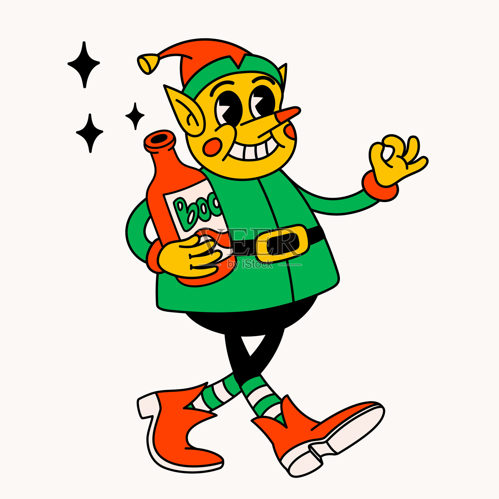 醉酒的圣诞老人精灵。复古风格搞笑的精灵角色，手持一瓶葡萄酒。插画图片素材