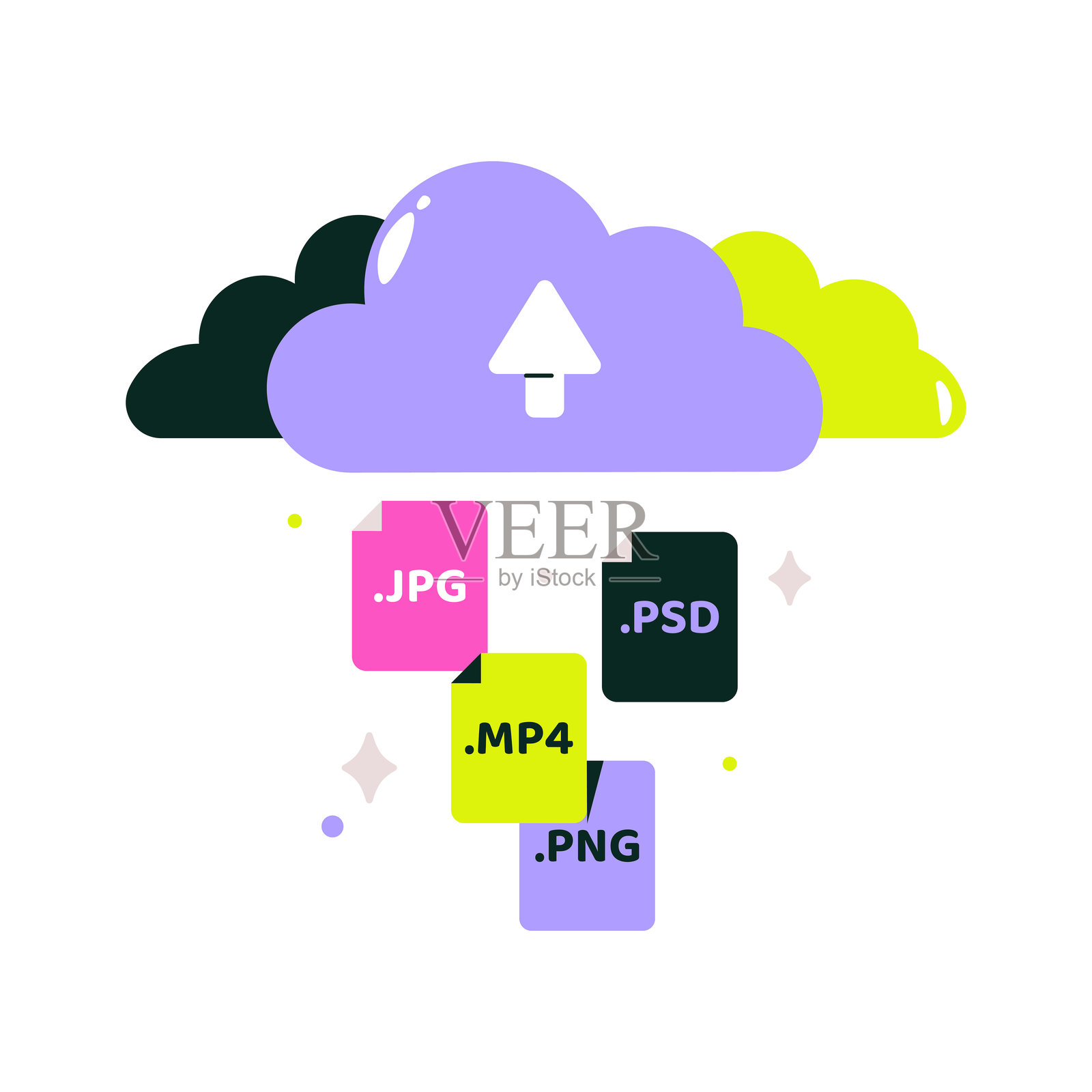 云上传媒体文件的扁平矢量插图，象征着云存储、数据备份和文件共享，背景为白色。插画图片素材