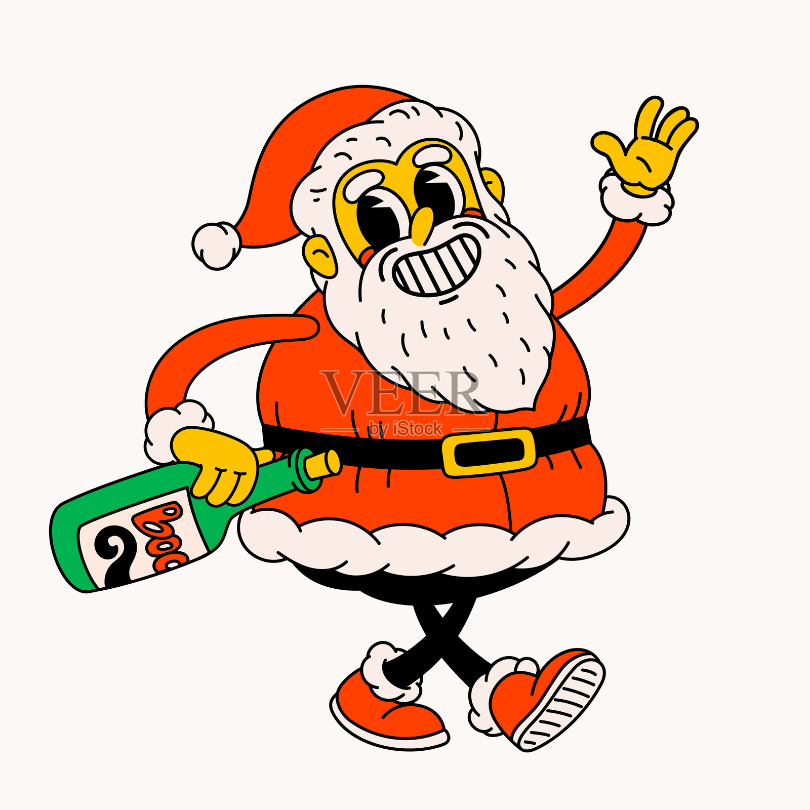 醉酒的圣诞老人。复古搞笑的圣诞角色，喝酒和抽烟。非常适合圣诞节和新年贴纸设计及装饰，矢量插图。插画图片素材