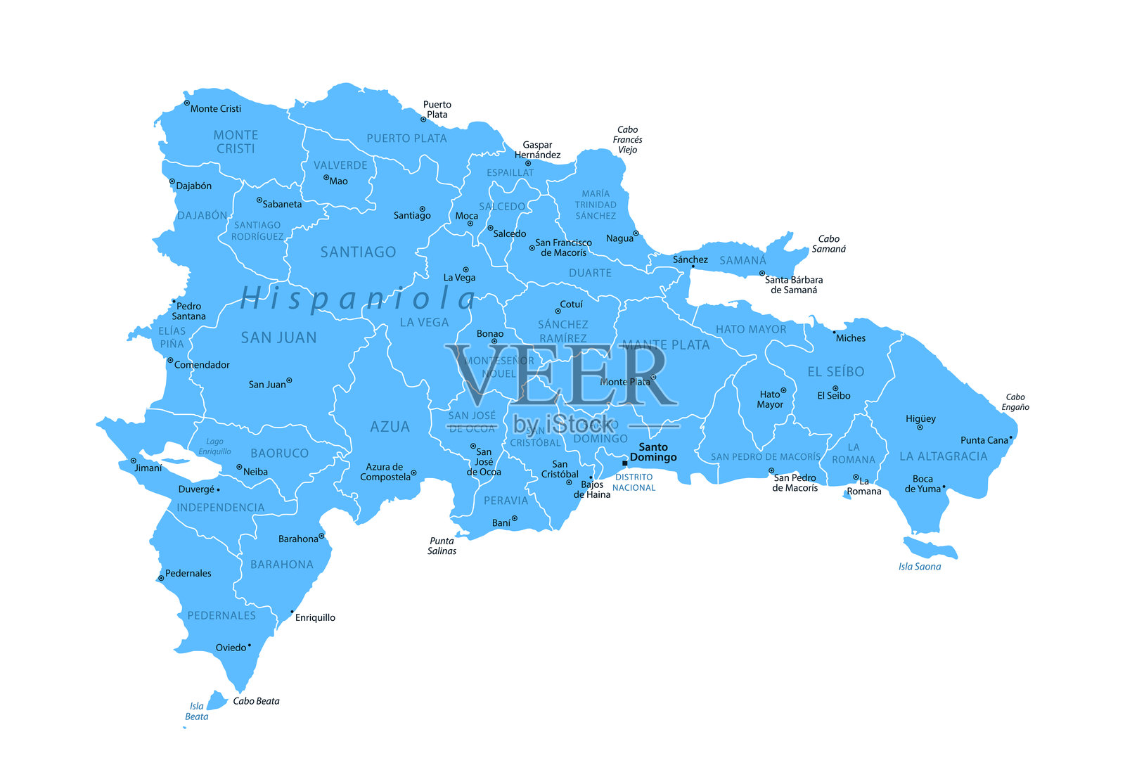 多米尼加共和国 - 详细地图，显示该国的地区和城市。插画图片素材