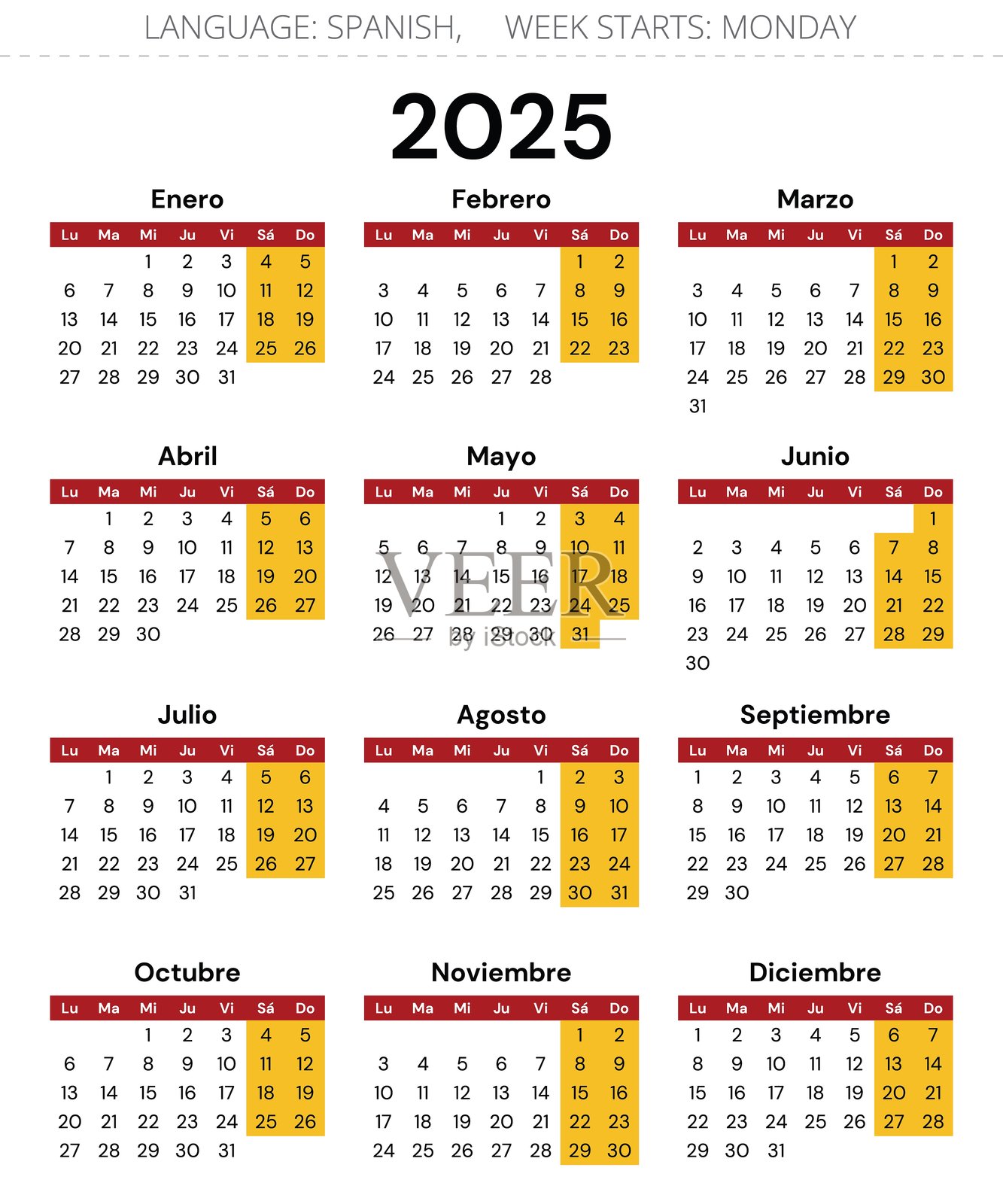 西班牙2025年日历。矢量插图。插画图片素材