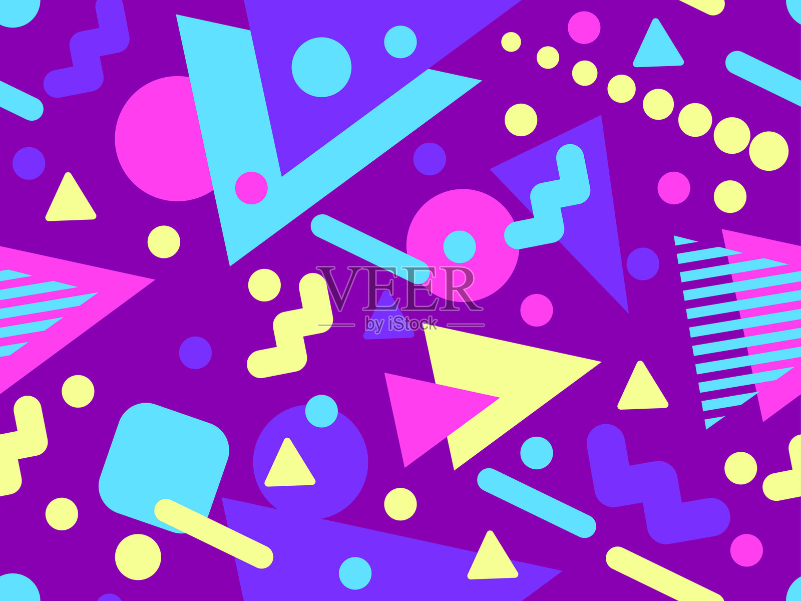 80年代风格的几何无缝图案。色彩丰富的几何图案。用于促销产品、包装纸和印刷的设计。矢量插图。插画图片素材