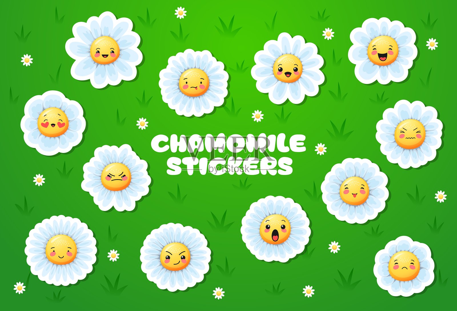 卡通洋甘菊脸，雏菊花贴纸插画图片素材