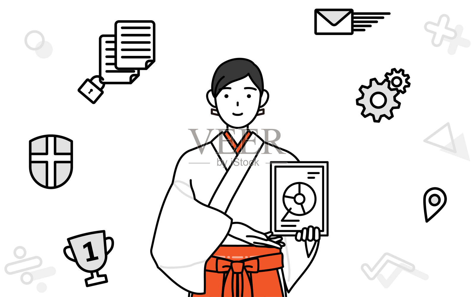 身穿白色小袖和红色袴的神社巫女，利用数字技术提升她的业务插画图片素材