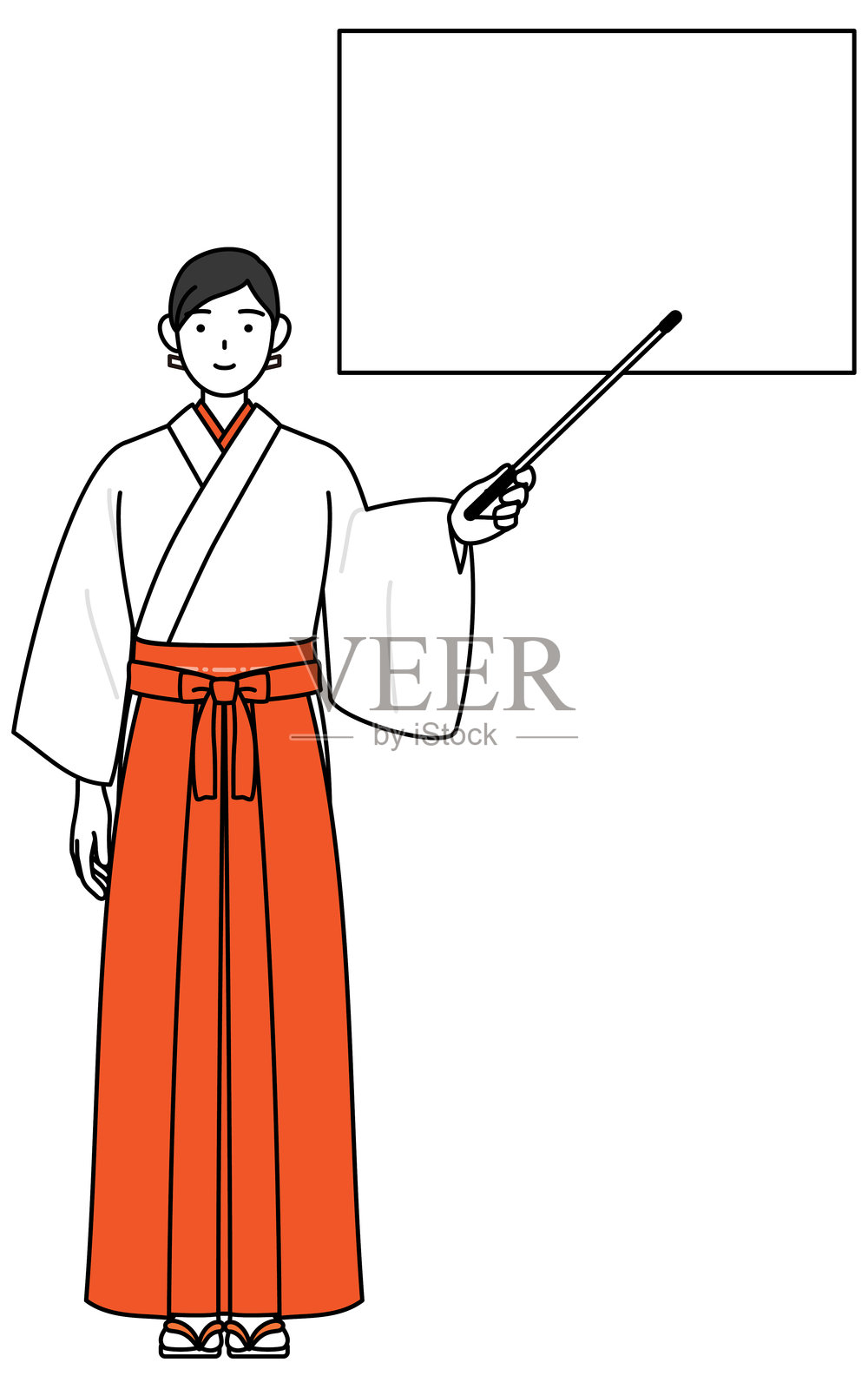 神社的巫女，穿着白色小袖和红色袴，手指着一块白板，手持指示棒。插画图片素材