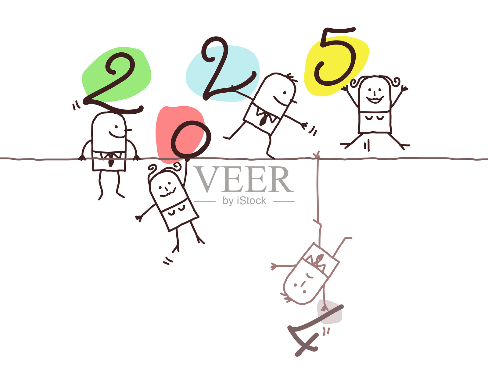 卡通男女在电线上玩耍，旁边有2025的标志插画图片素材