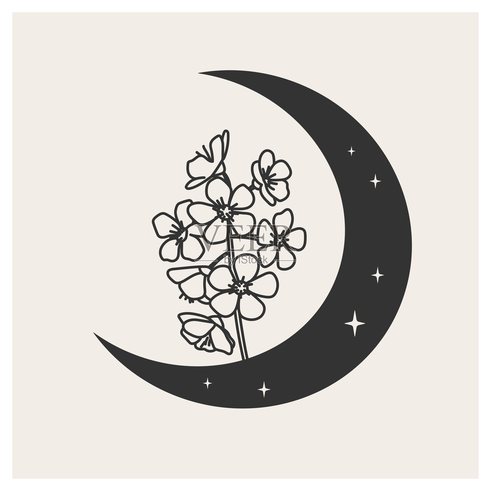 神秘的弯月与野花插画图片素材