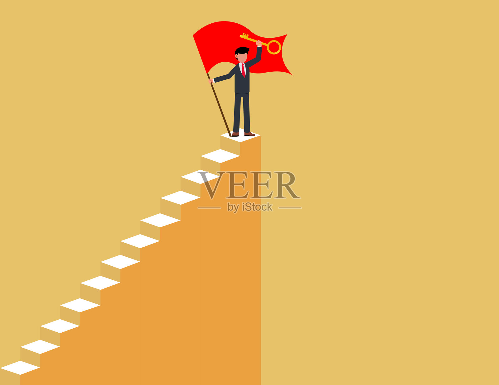 职业进步。成功的商人在职业阶梯上手持胜利旗帜和钥匙，展望未来。插画图片素材