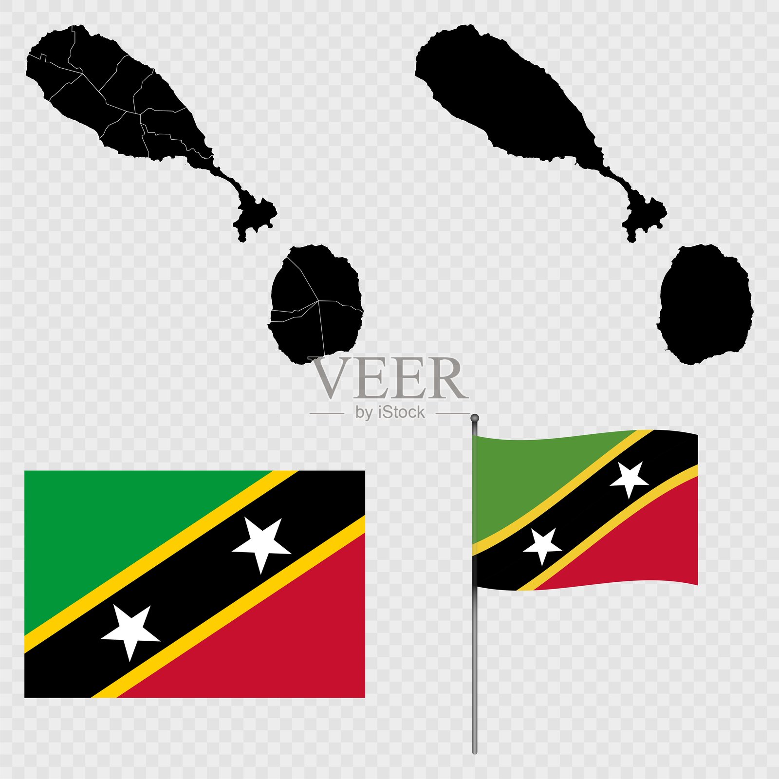 圣基茨和尼维斯的地图、国旗和旗杆组合。矢量插图。插画图片素材