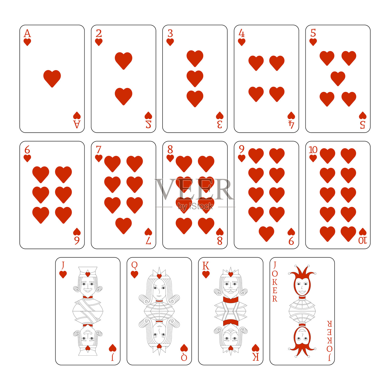 一副扑克牌，红心花色。一个包含单独牌的扑克套装。用于扑克的扑克牌。插画图片素材