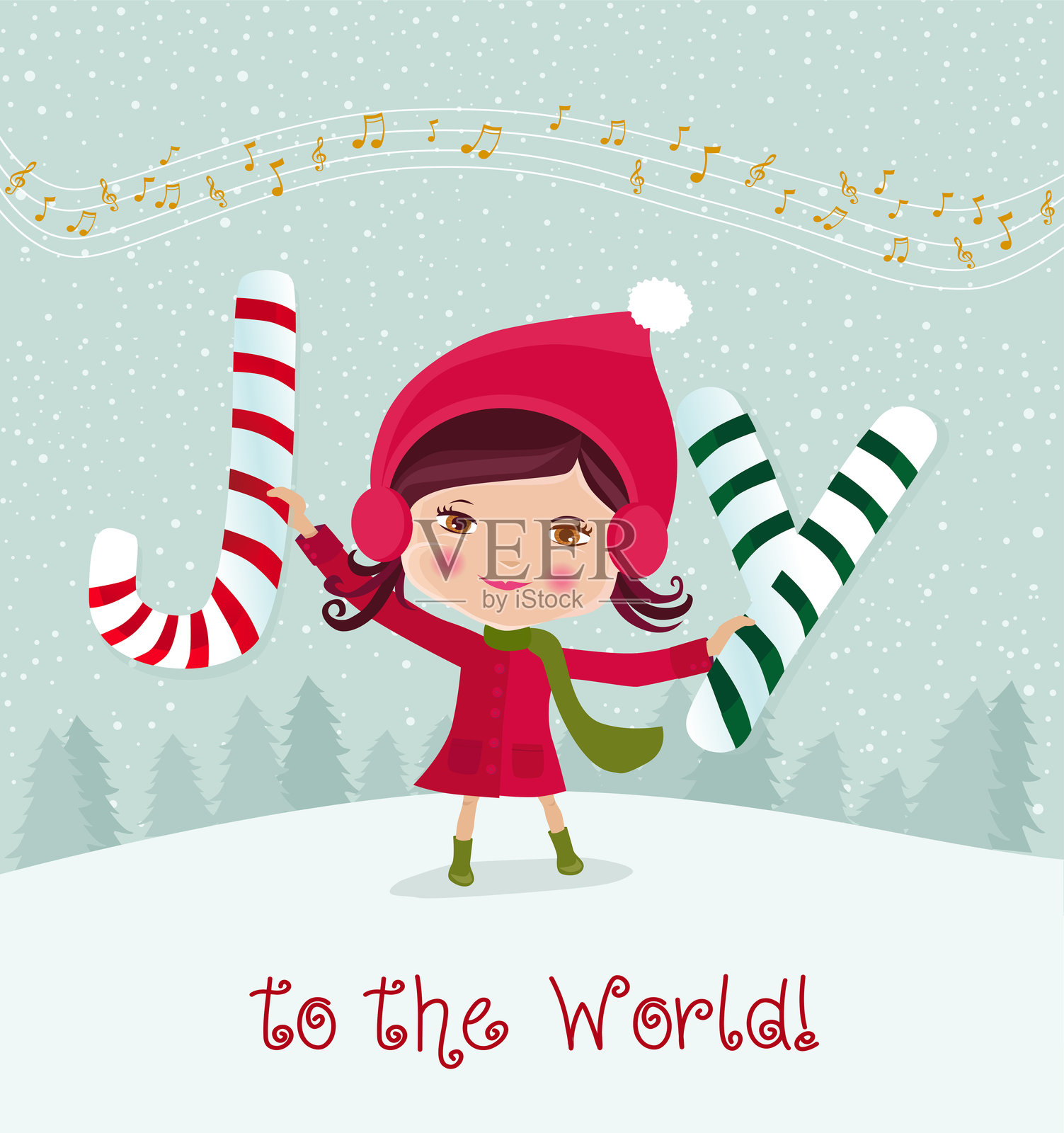 “欢乐颂”贺卡和一个可爱快乐的小女孩。插画图片素材