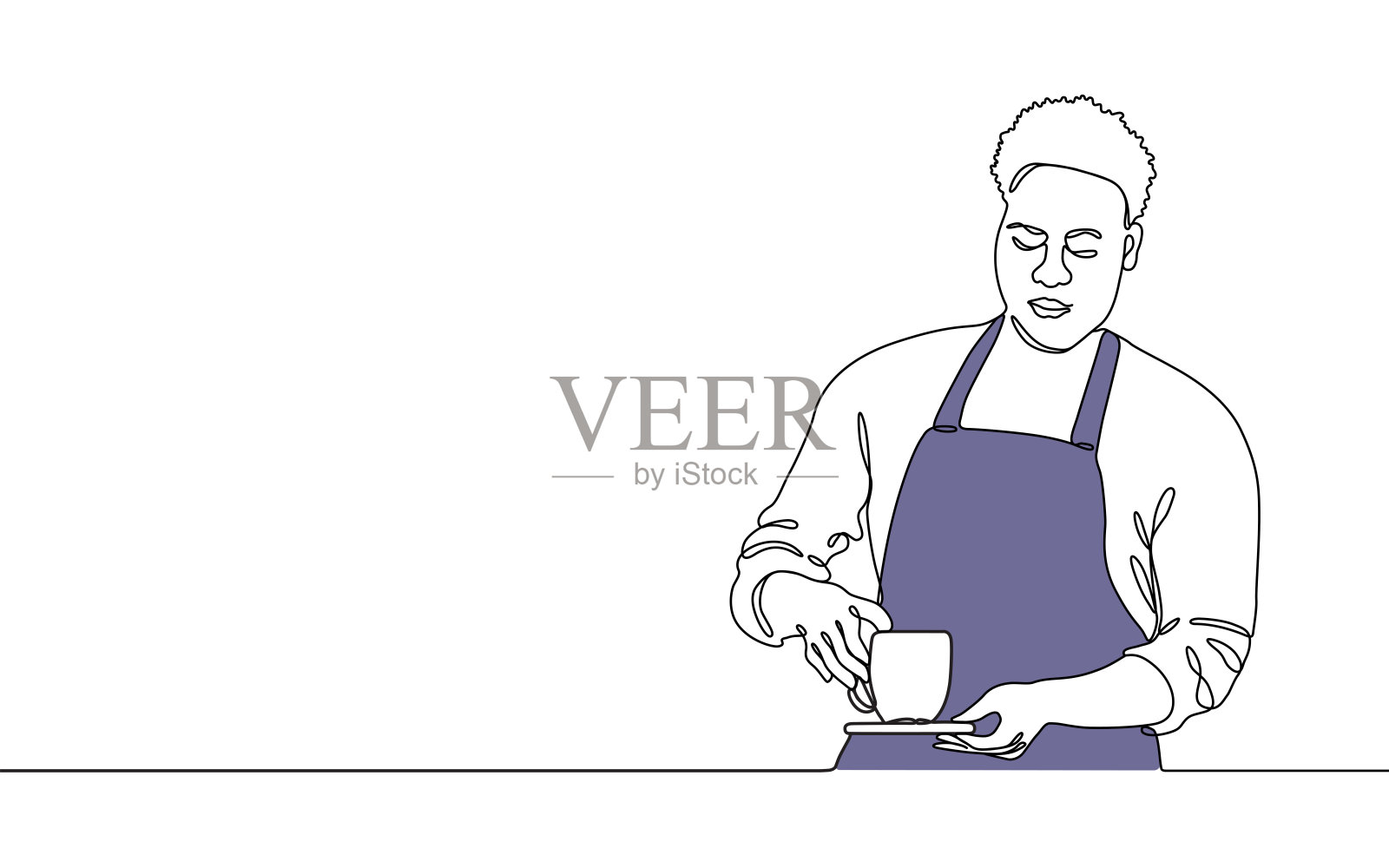 咖啡师在咖啡馆服务茶或咖啡。单线条绘画的男人。插画图片素材