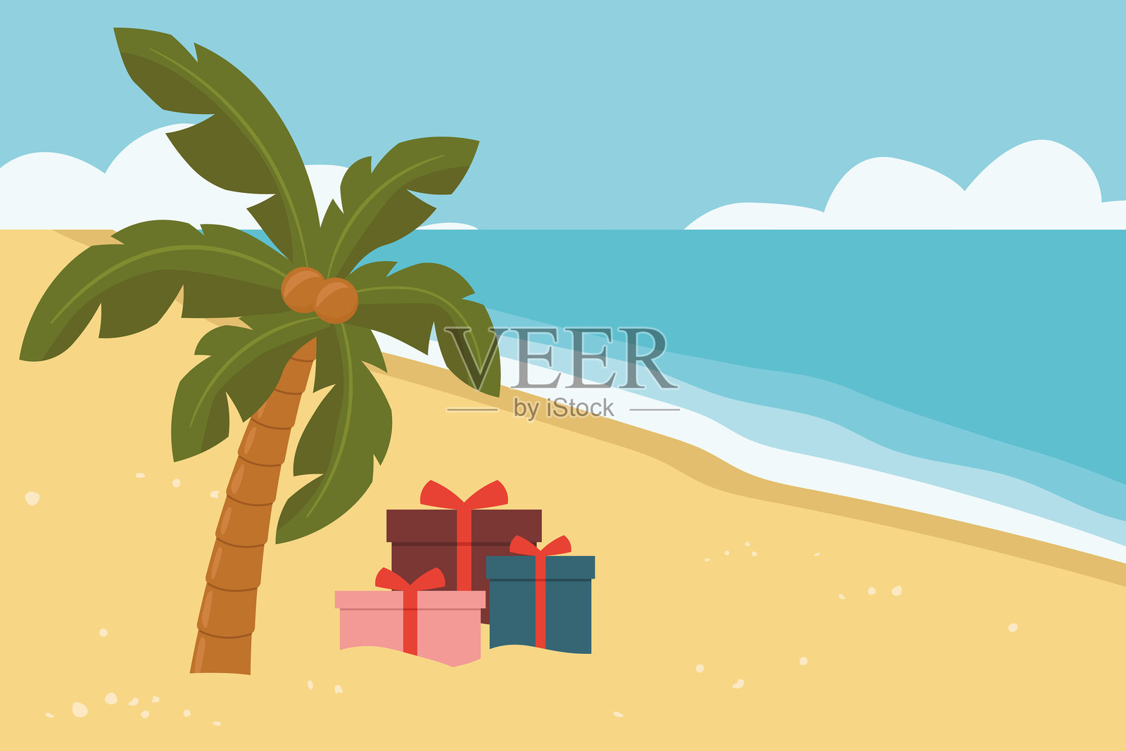 在热带假期以不同的方式度过圣诞节；海滩上的棕榈树下放着礼品盒插画图片素材