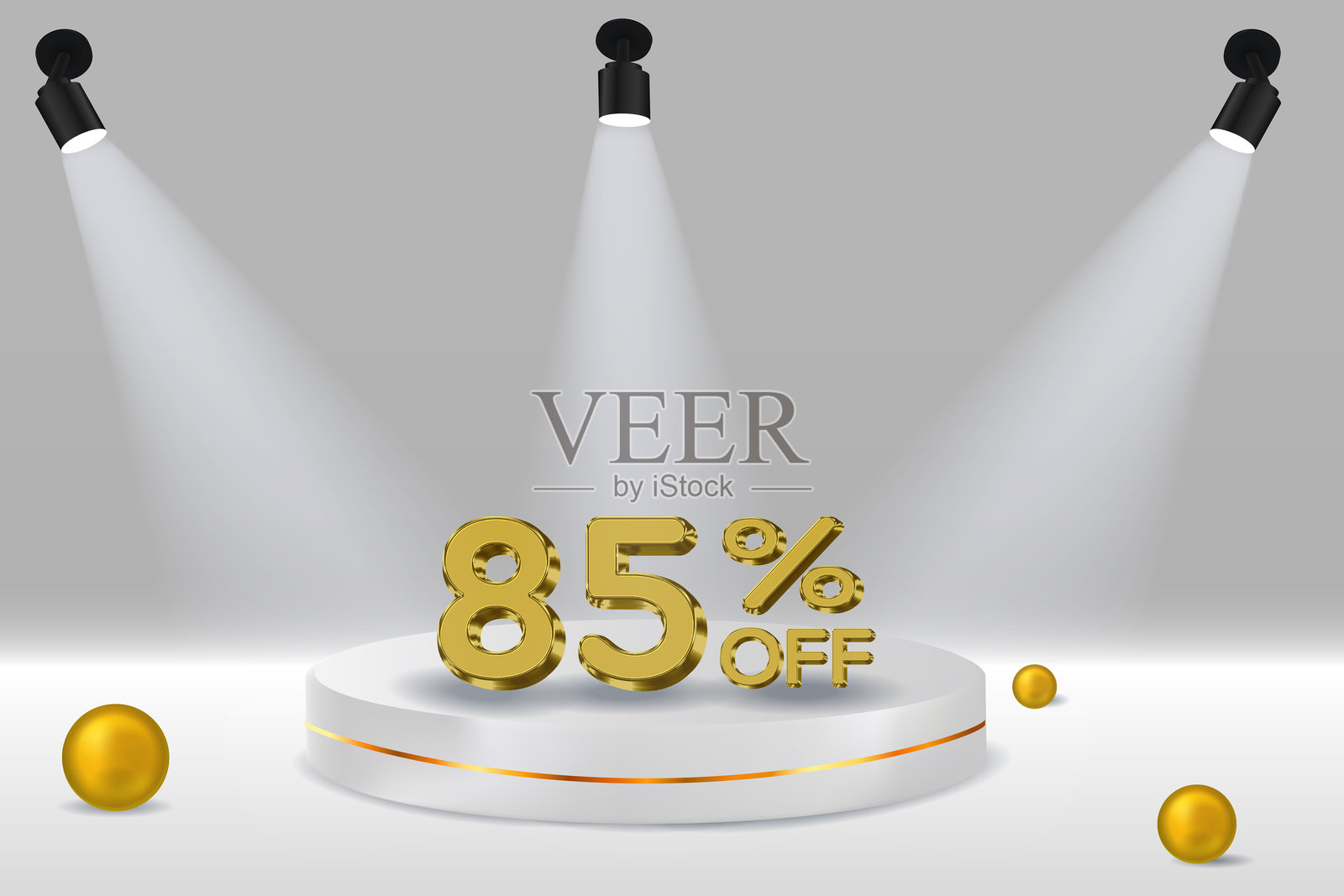 85%折扣。3D真实感金色数字。白色展台。金色数字。产品、广告、网页横幅、传单、证书和明信片的模板。矢量图。插画图片素材