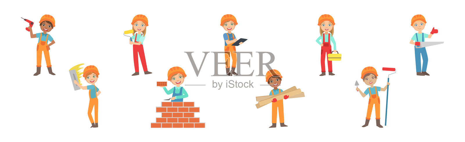 小孩建筑工角色，戴着安全帽，手持工具，正在施工的矢量图集插画图片素材