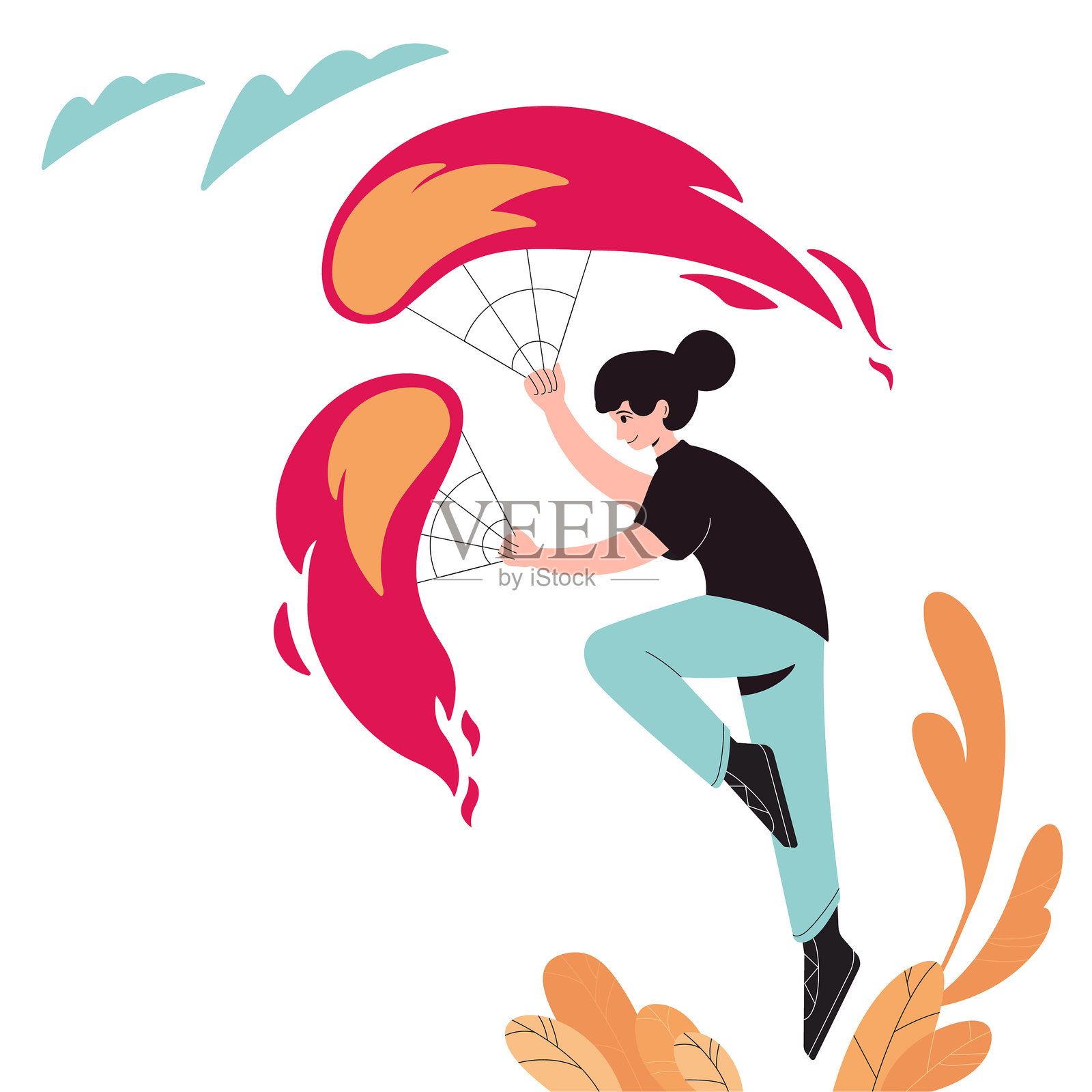 一个女孩手持火焰扇子跳跃。火焰节。网站用手绘矢量插图。插画图片素材