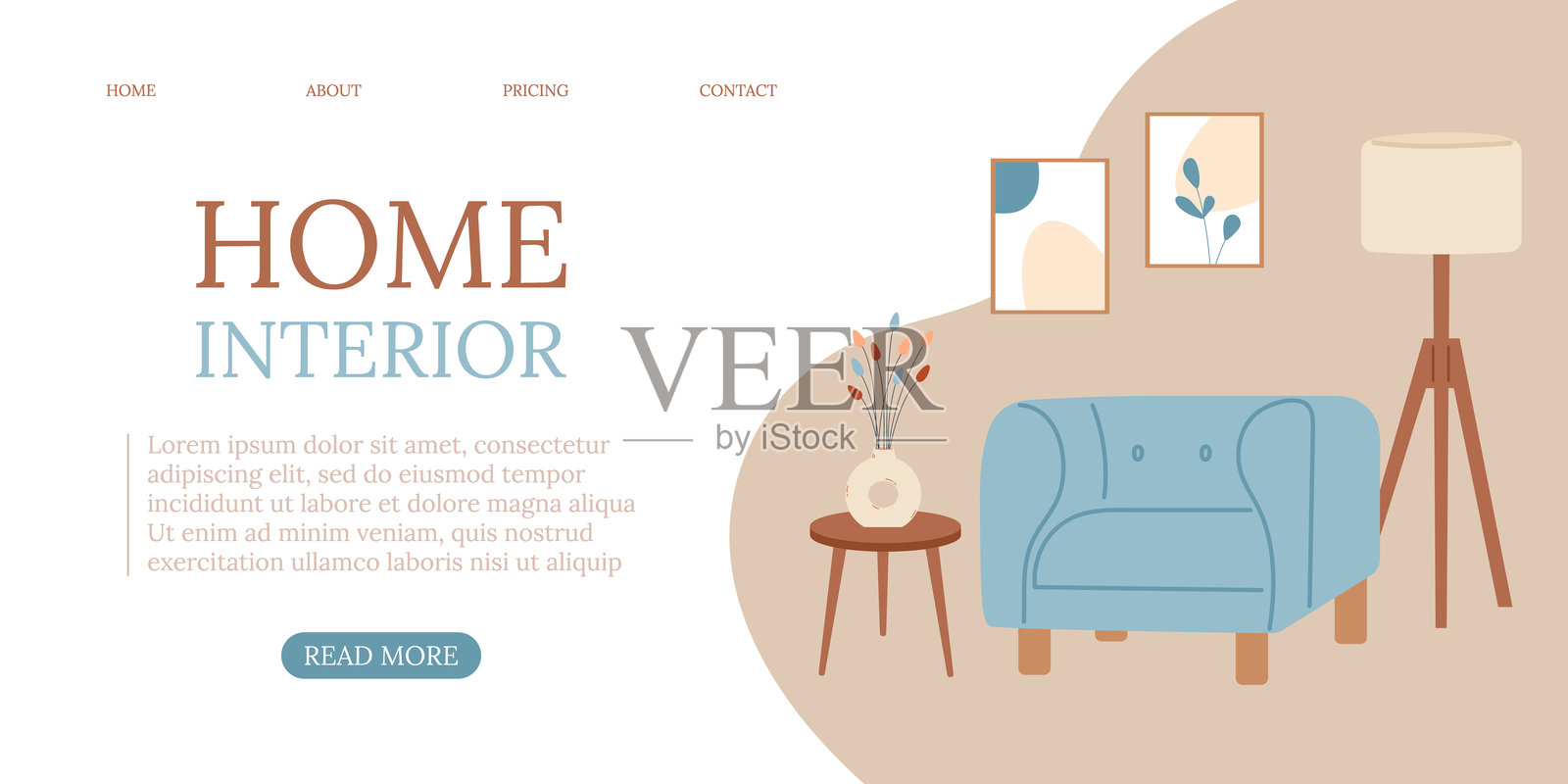 家居室内横幅设计，配有舒适的扶手椅、台灯和带花瓶的桌子。用于横幅、促销和广告的矢量插图。插画图片素材