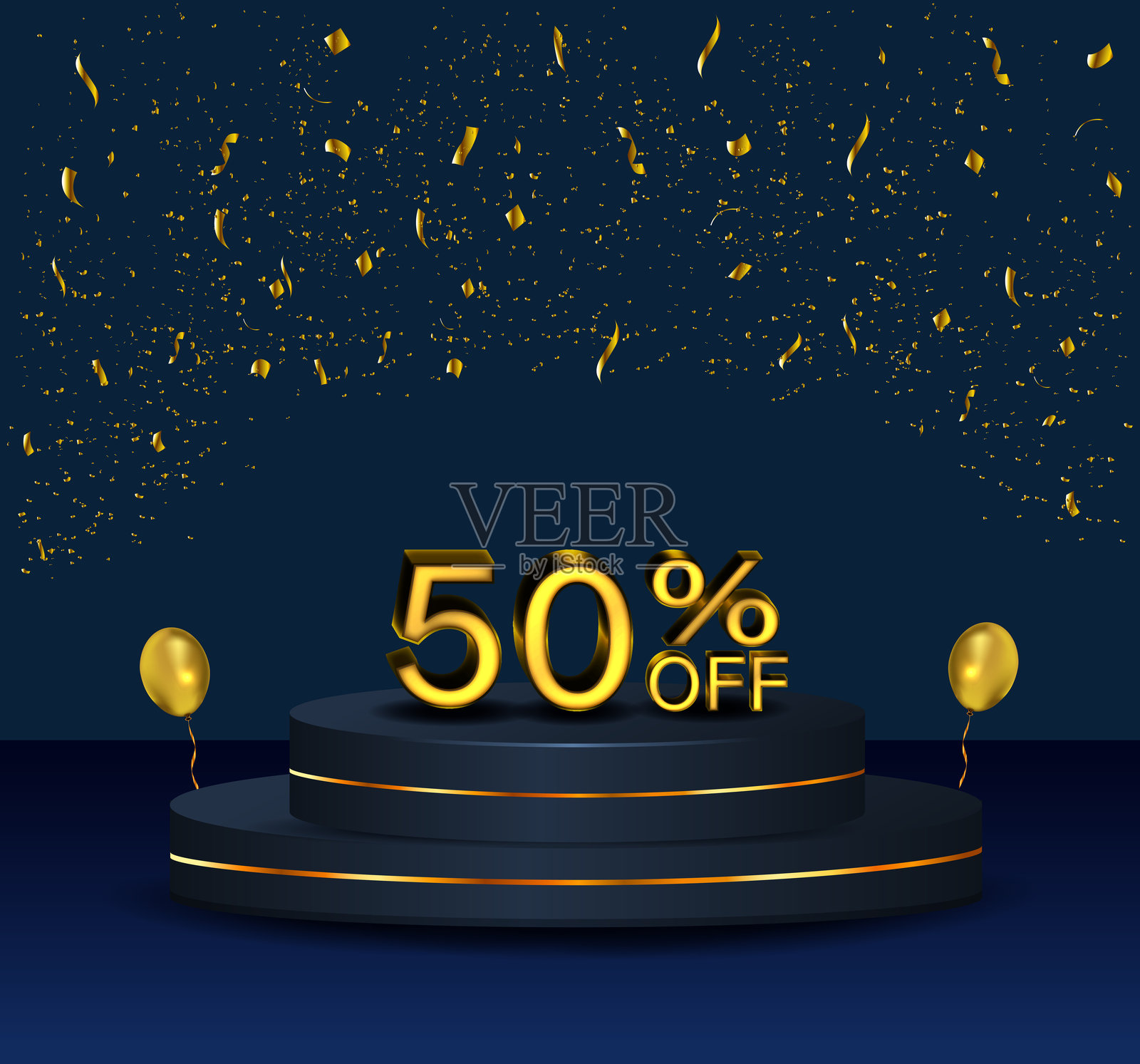 50%折扣。带有金色数字和五彩纸屑的领奖台。创意构图的折扣。促销横幅和海报。矢量插图。插画图片素材