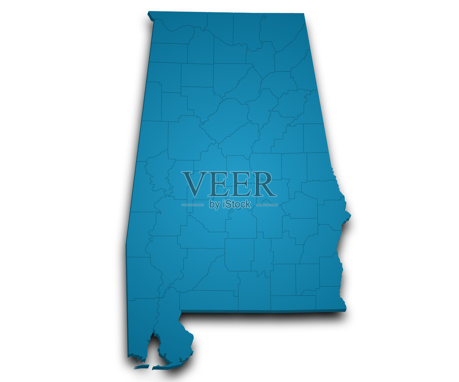 阿拉巴马州的3D地图，包含县和颜色。阿拉巴马州地图，轮廓和空白地图，美国，US，United State。插画图片素材