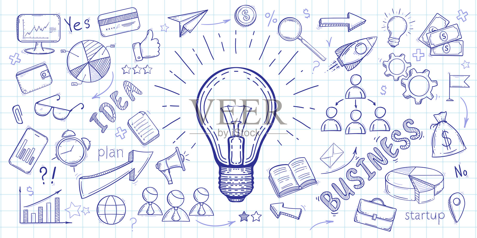 商业创意。发光的灯泡。创业概念。目标达成。矢量插图。插画图片素材