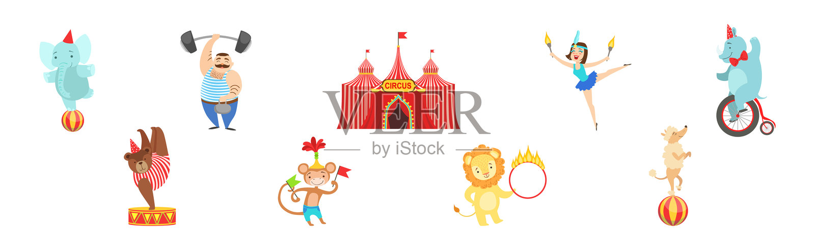 马戏团艺术家角色与大象、强壮人、女杂技演员、犀牛、熊、猴子和狮子的矢量图集插画图片素材