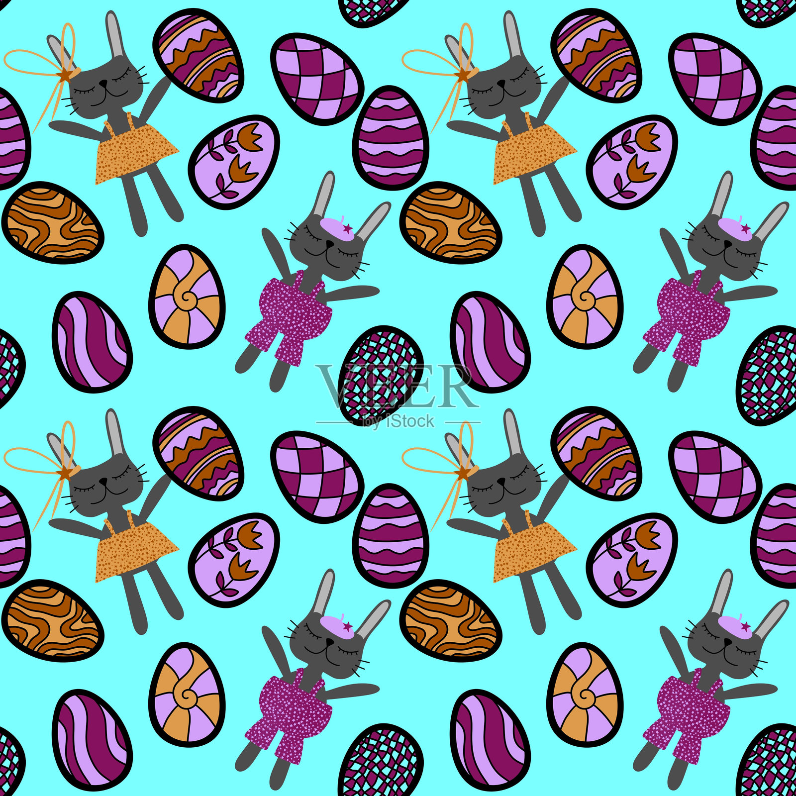 卡通复活节彩蛋和兔子的无缝图案，适用于包装纸、面料和服装印刷插画图片素材
