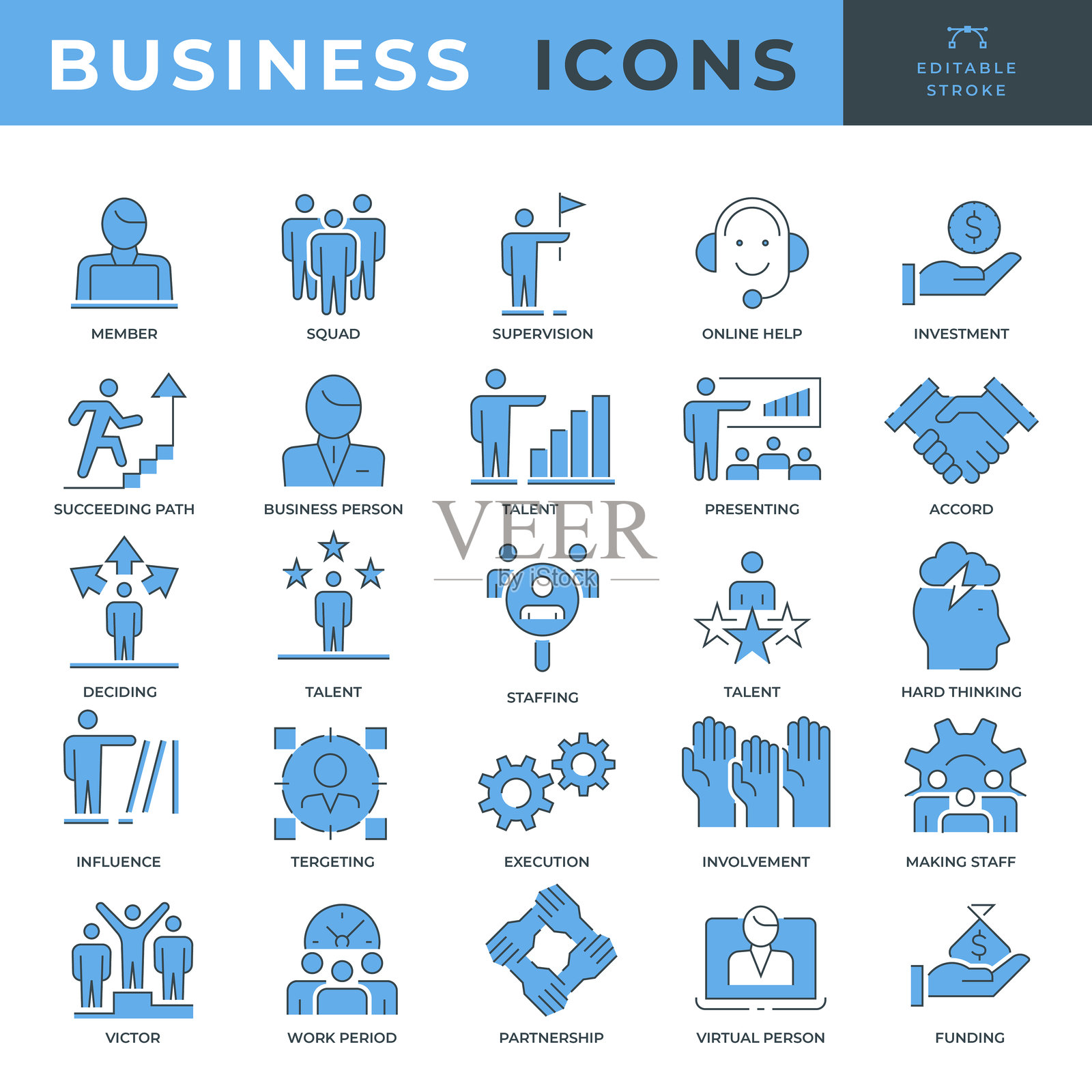 一组可编辑线条的多种商业图标插画图片素材