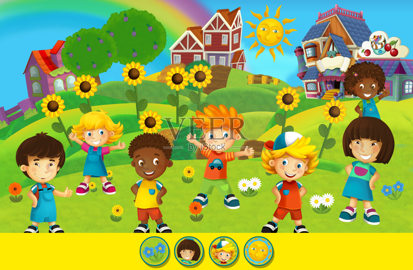 卡通场景，农场主题的棋盘游戏页面，农场村庄和牧场，孩子们在学校旅行中快乐地扮演农民，寻找元素的插图，适合儿童。插画图片素材