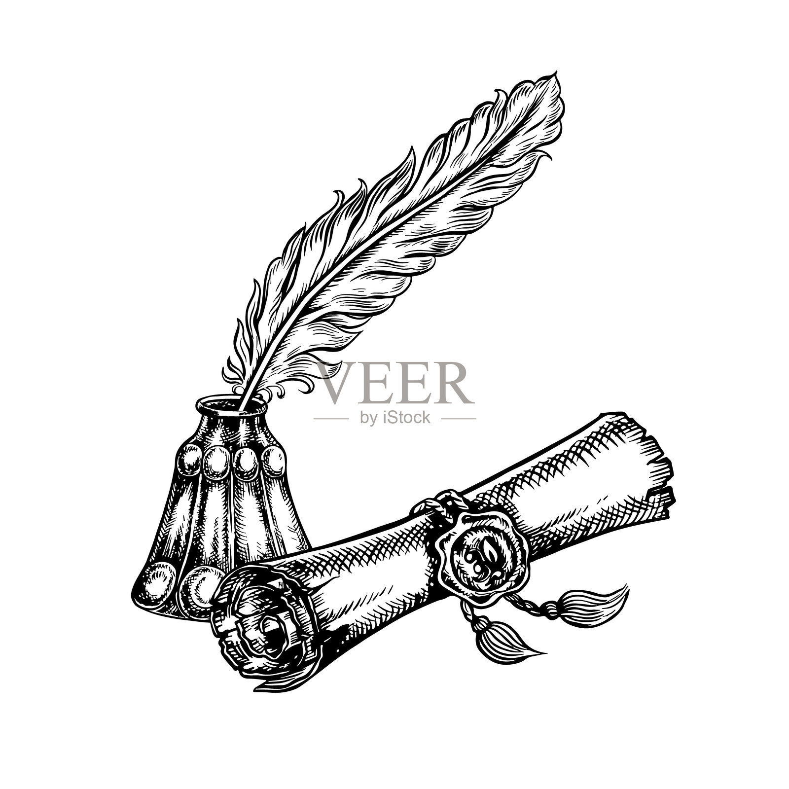 一份古老的手稿，一个封印的卷轴和一个带笔的墨水瓶。黑白矢量图形。白色背景上的手绘插图。适用于明信片、传单、海报和贴纸。插画图片素材