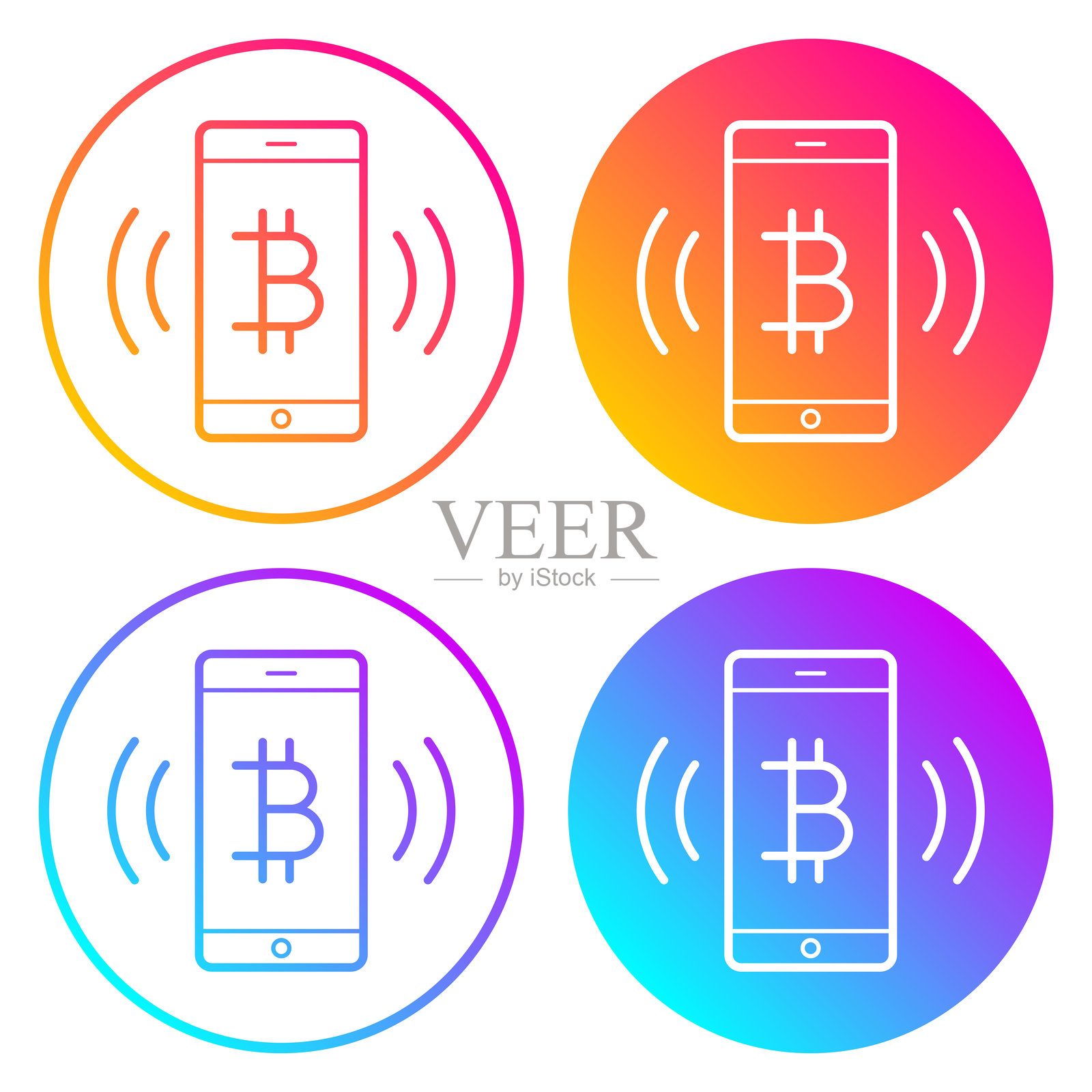 智能手机响铃，带有比特币标志。带有颜色渐变的圆形图标插画图片素材