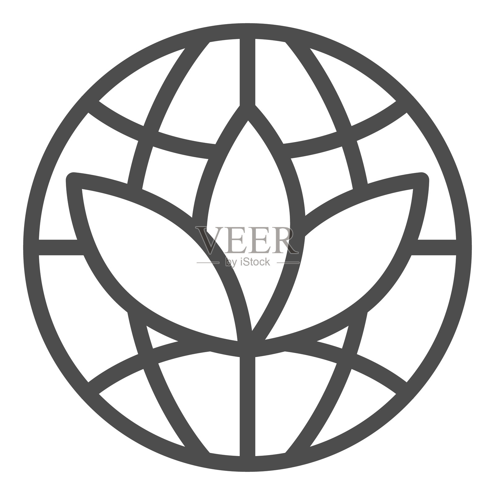 带有莲叶的世界地球仪线条图标，和平概念。矢量图形。白色背景上的花卉植物和地球标志，适用于移动或网页设计的轮廓风格图标。插画图片素材