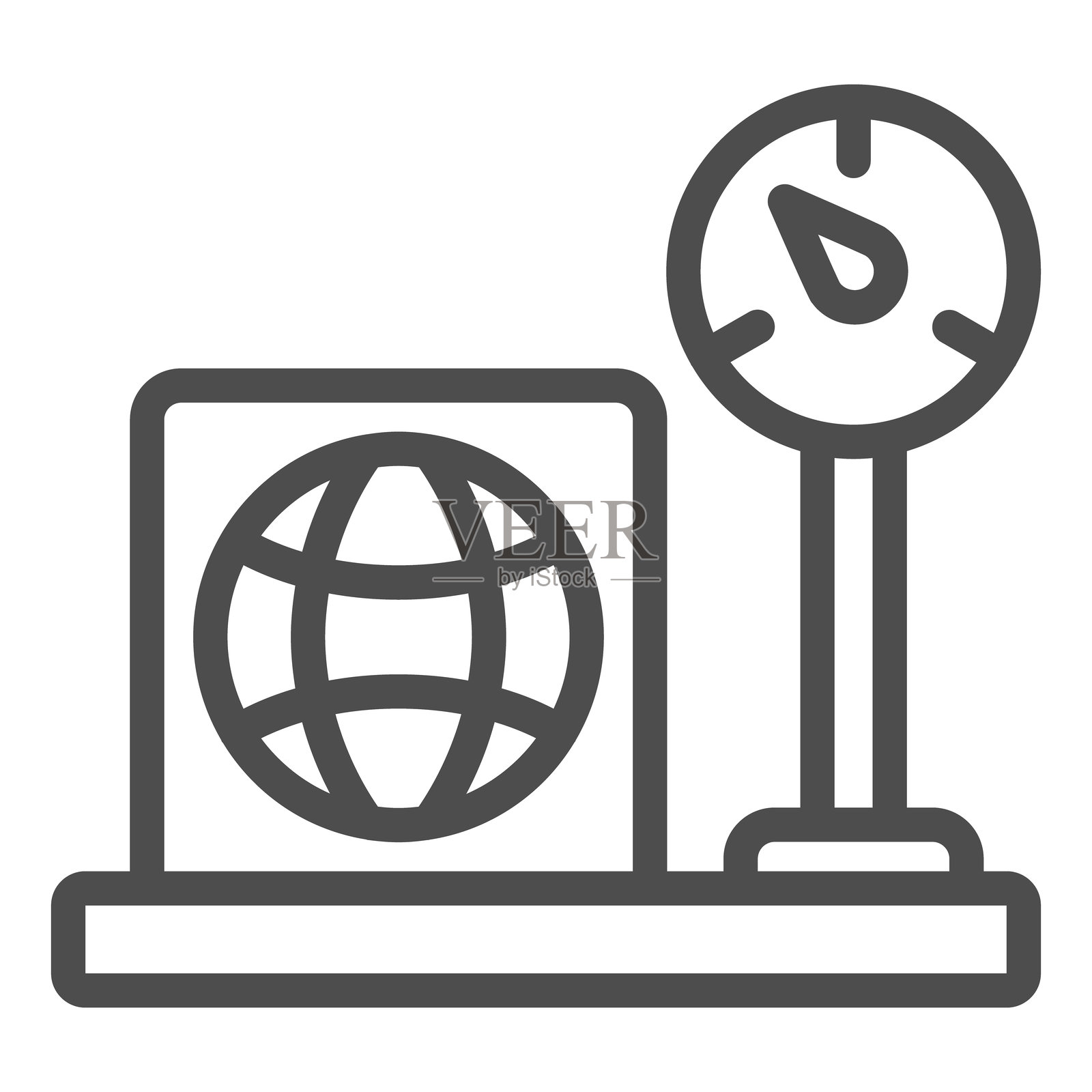 带计数器和箱子的称重秤线条图标，配送概念。矢量图形。白色背景上的秤上有箱子的标志，适用于移动或网页设计的轮廓风格图标。插画图片素材