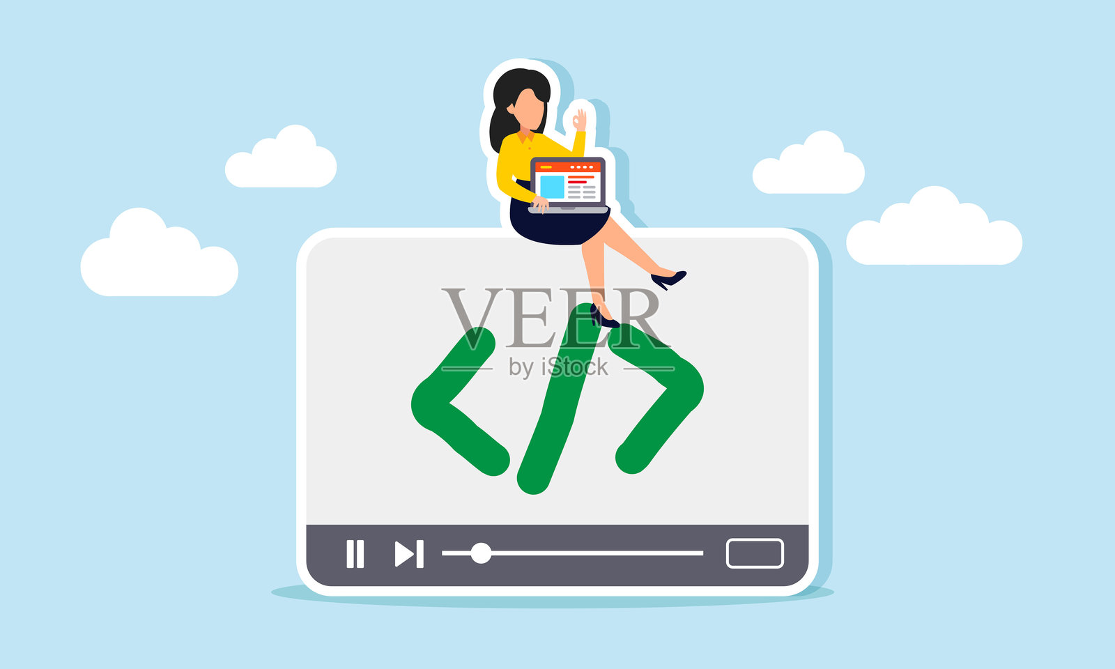 一位女商人手持笔记本电脑坐在标有编程符号的媒体播放器上，插图展示了为推广媒体创建编程以发展业务。插画图片素材