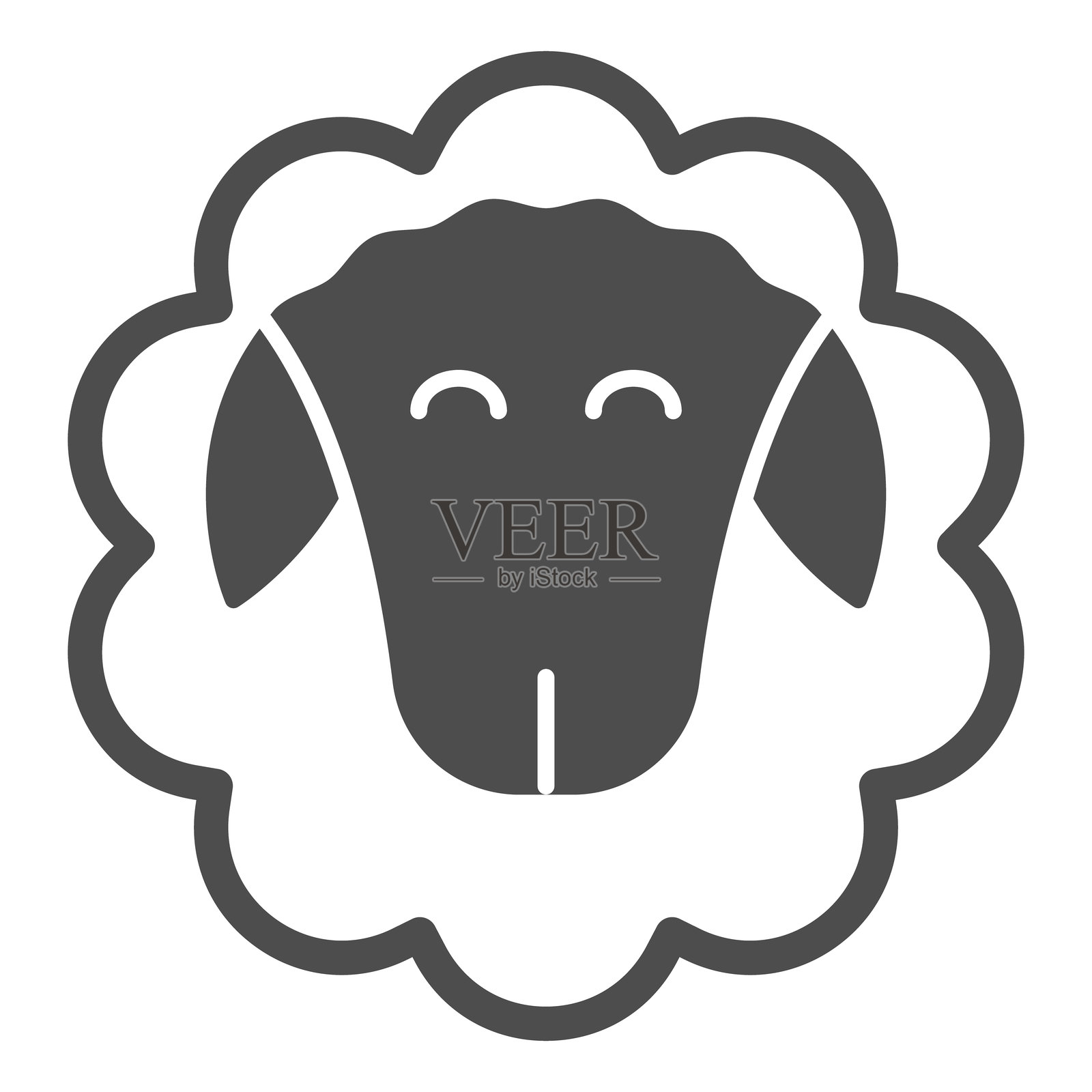 羊的脸部实心图标，野生动物概念。矢量图形。白色背景上的动物头部与羊毛标志，适用于移动或网页设计的图形风格图标。插画图片素材