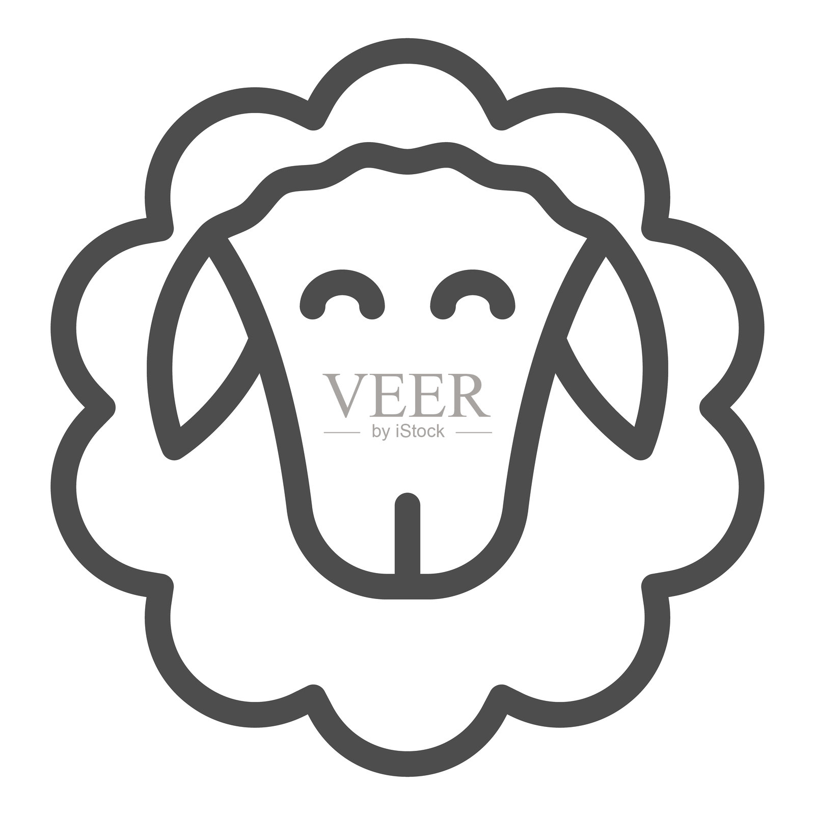 羊脸线条图标，野生动物概念。矢量图形。白色背景上的动物头部与羊毛标志，适用于移动或网页设计的轮廓风格图标。插画图片素材