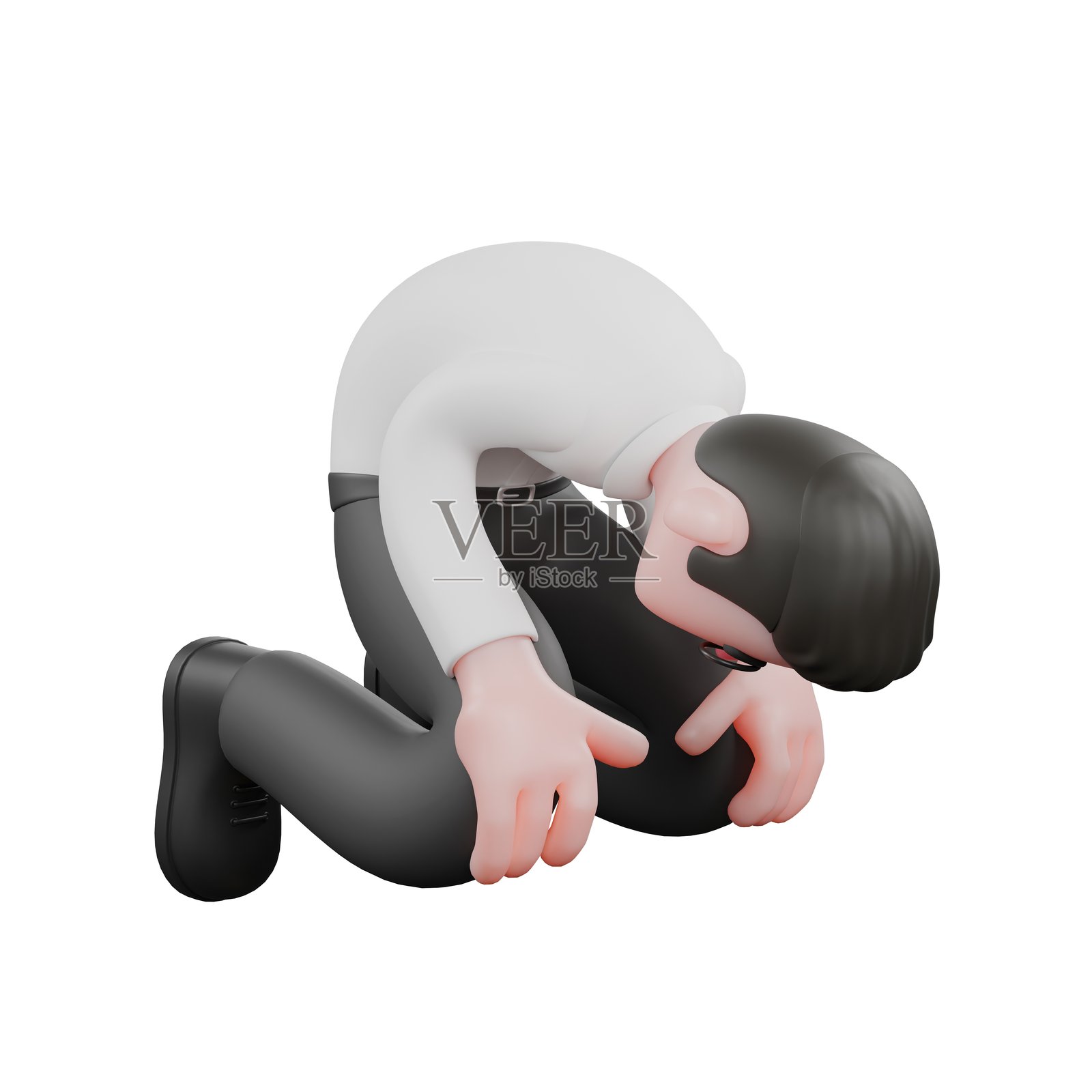 3D卡通模型。一位男性制片人跪在地上，头靠在膝盖上，双手放在膝盖上，表情充满悲伤。电影风格。照片摄影图片