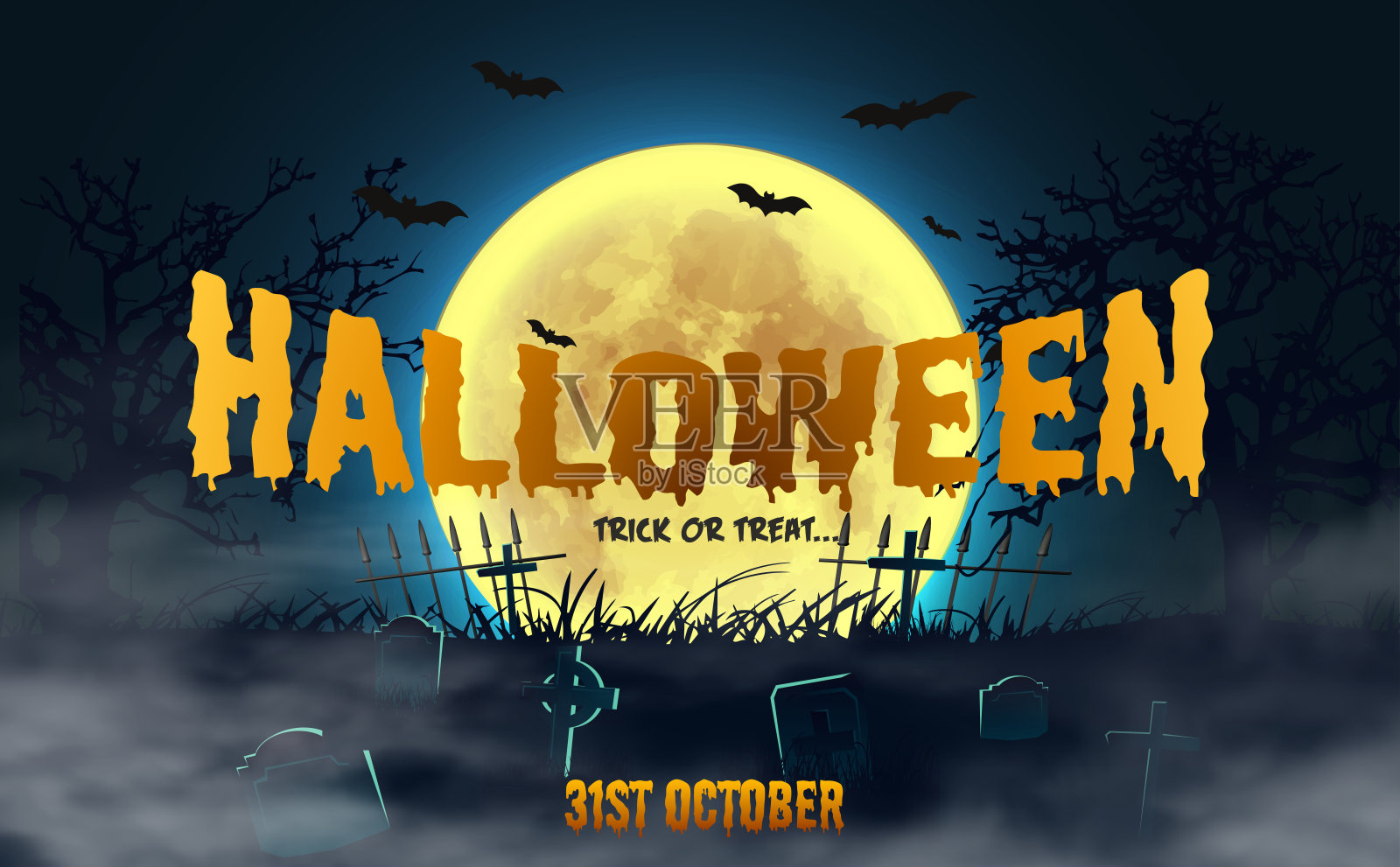 矢量图。快乐的万圣节庆祝横幅。邀请函、促销、折扣传单，周围有满月、蝙蝠和阴森的坟墓。照片摄影图片