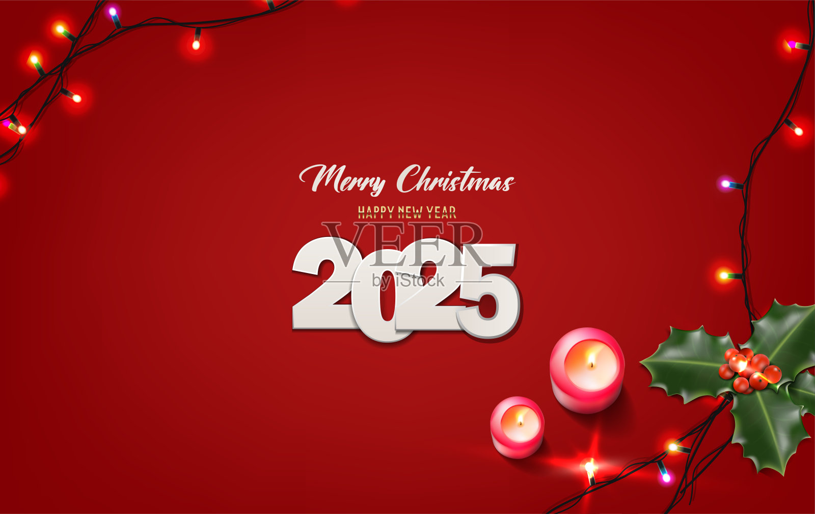 2025年新年快乐横幅。圣诞节庆祝明信片。问候卡、横幅、传单的模板。红色背景配有圣诞灯、蜡烛和装饰。照片摄影图片