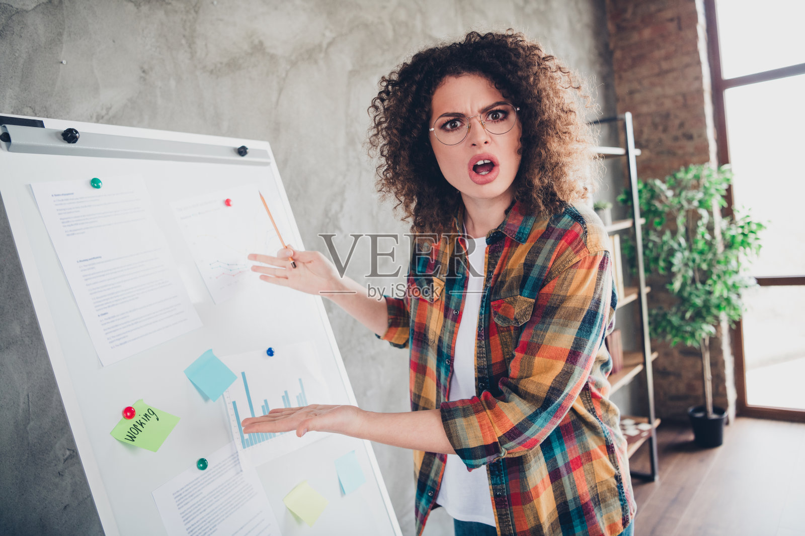 年轻的职业女性在现代办公室环境中解释商业策略，穿着休闲的格子衬衫，阳光明媚。照片摄影图片