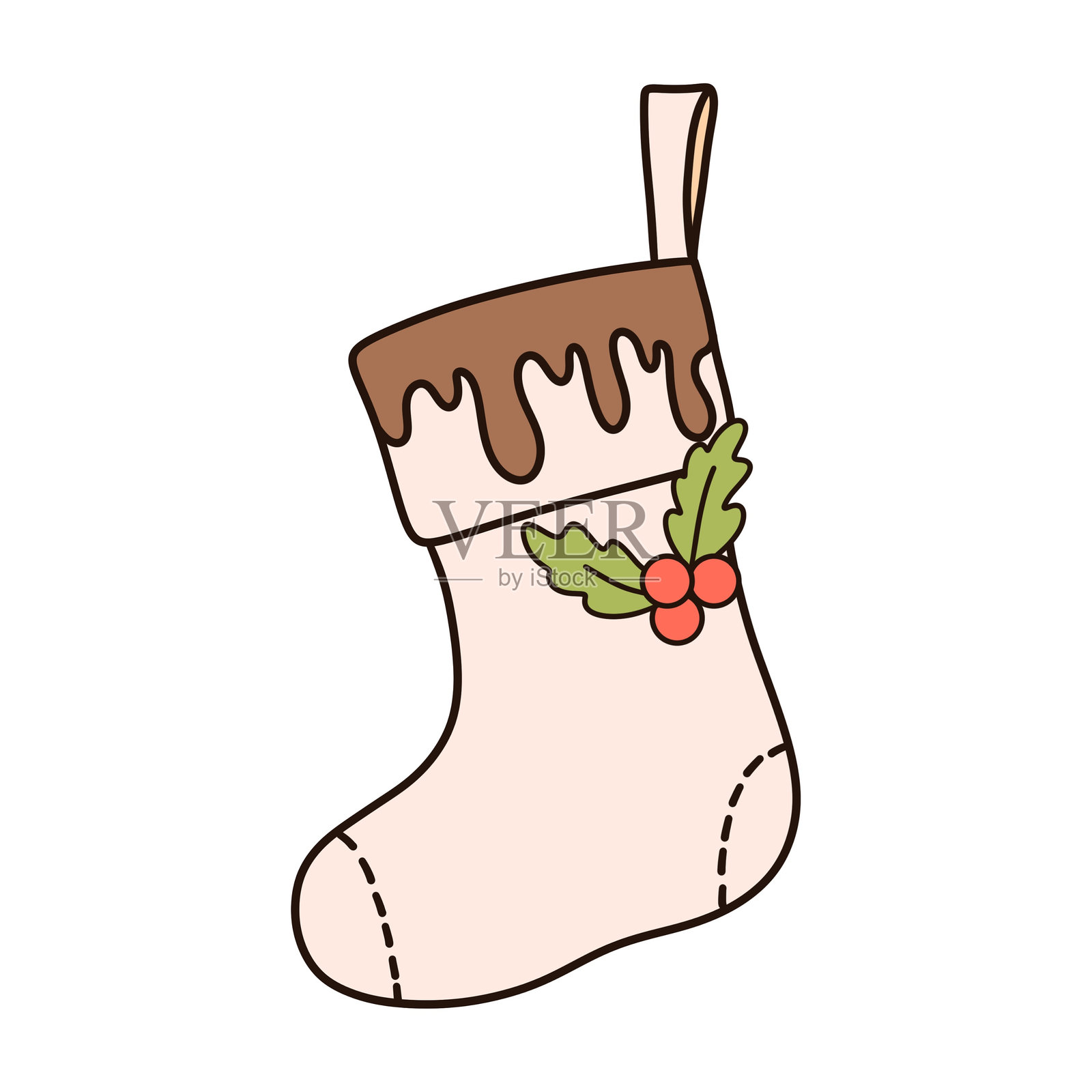 复古风格的圣诞袜子，装饰有冬青浆果的剪贴画插画图片素材