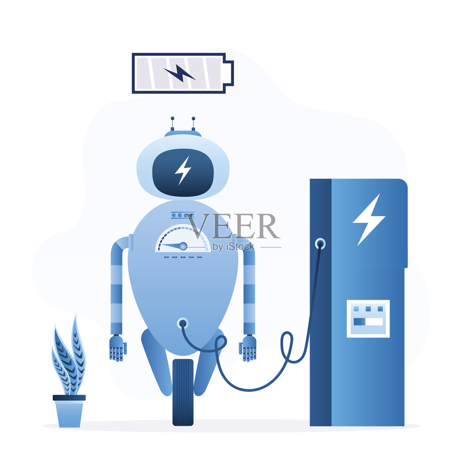 电量不足的半机械人。具有人工智能的机器人在充电站为电池充电。快速充电技术。插画图片素材