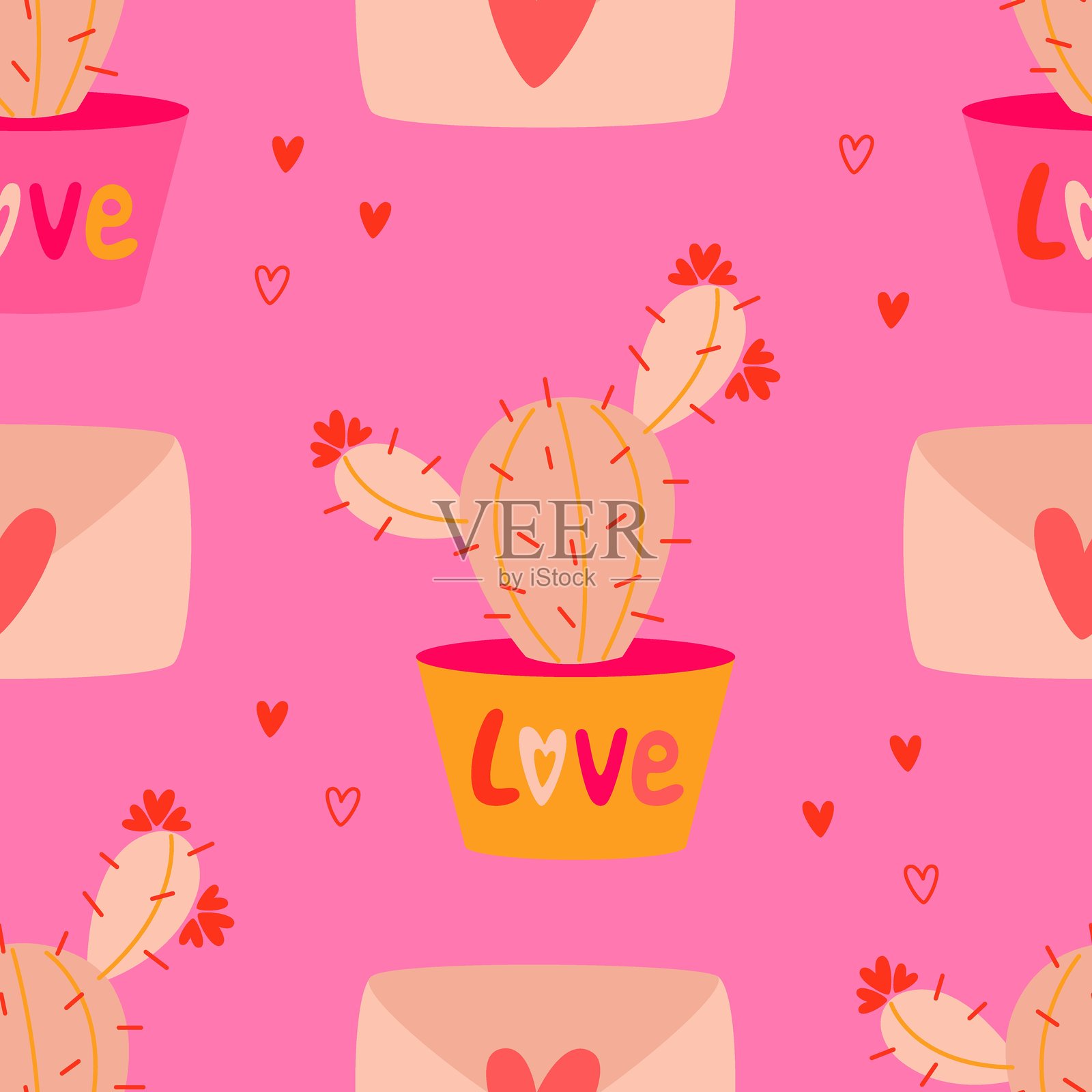 无缝情人节图案，带有可爱的仙人掌和爱的讯息。粉色背景上的扁平矢量插图。插画图片素材