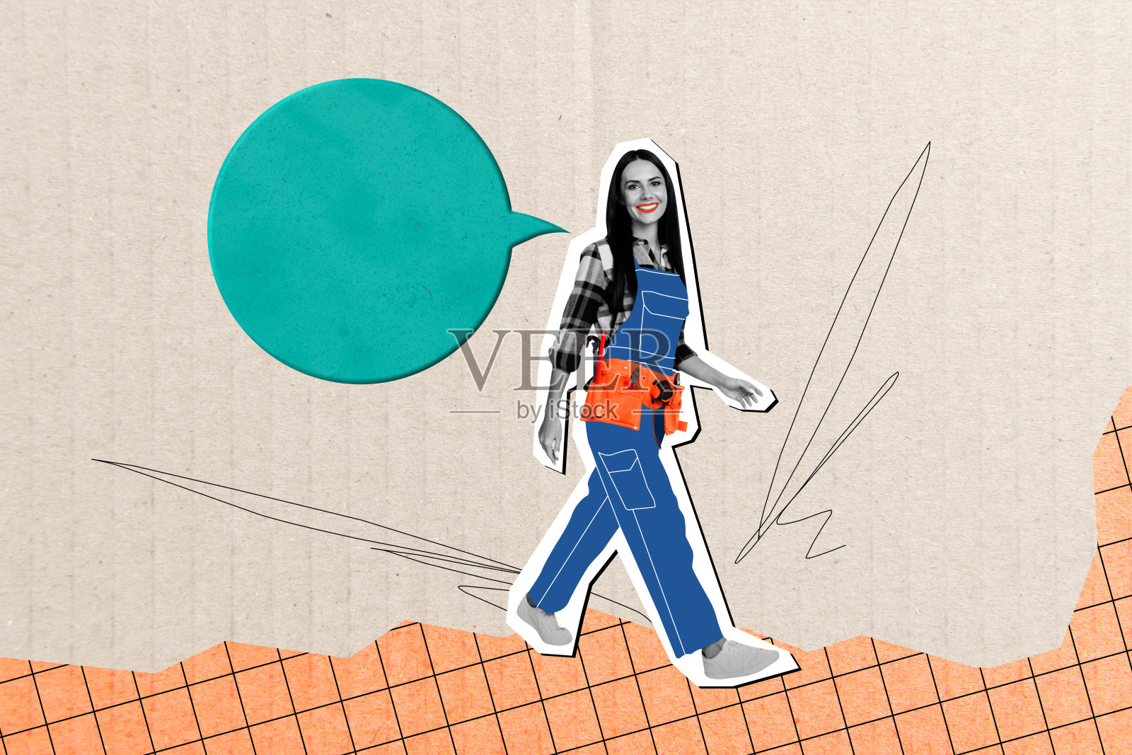 超现实主义海报拼贴，成功的职业女性独立于创意背景之上照片摄影图片