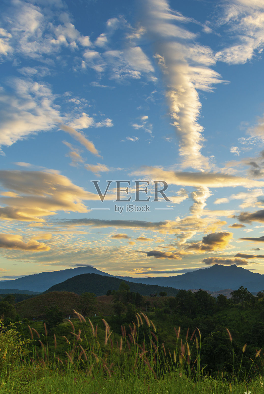 垂直美丽的山脉风景，雾气弥漫的风吹过的山脉，绿色的田园亚洲农场。垂直惊艳的山地景观，绿色田野，草地，白云，蓝天，日出。乡村风光。照片摄影图片