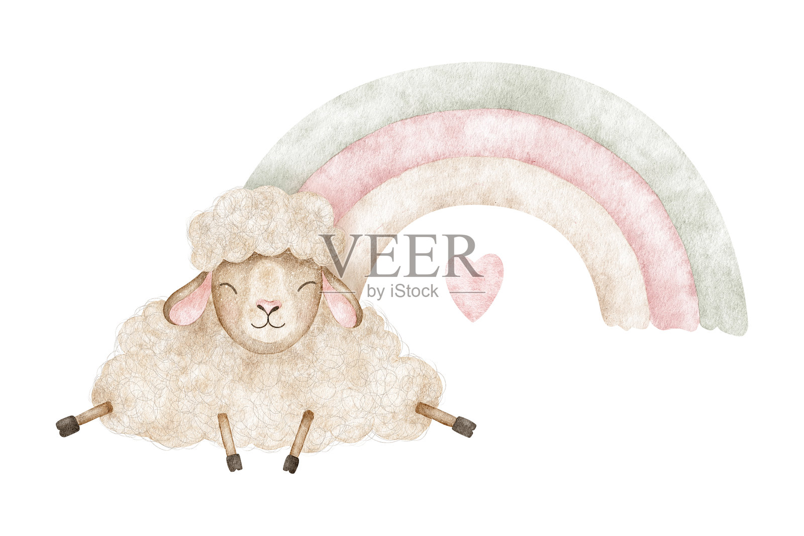 羊、彩虹和心形。可爱毛茸茸的睡羊角色。独立手绘的婴儿水彩插图。适用于情人节卡片、海报、婴儿洗礼、儿童房间。插画图片素材