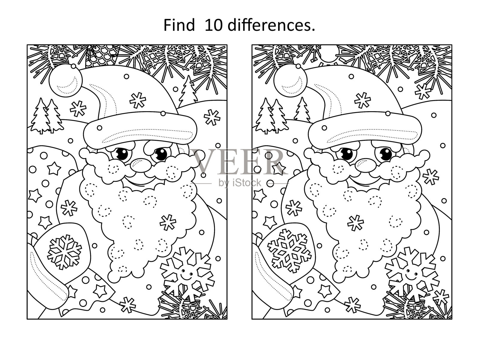 圣诞老人送礼物的找不同游戏，他的袋子里装满了玩具和礼物。插画图片素材