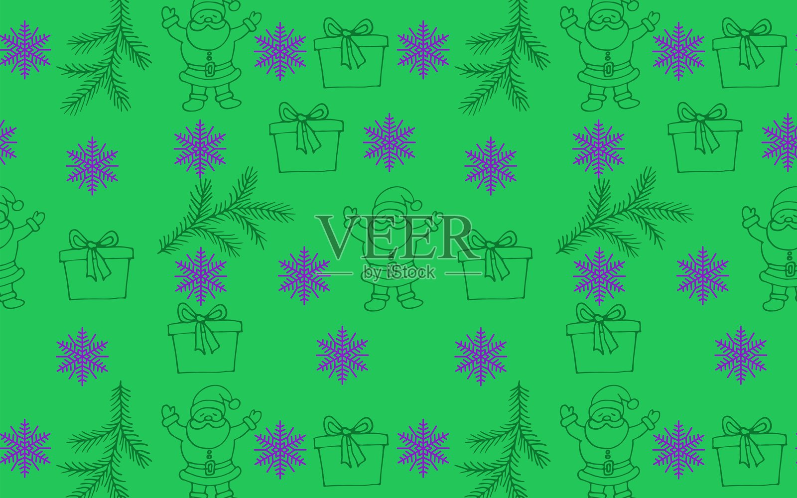 新年无缝矢量图案。卡通风格的绿色背景上绘有新年松枝、雪花和圣诞老人。插画图片素材