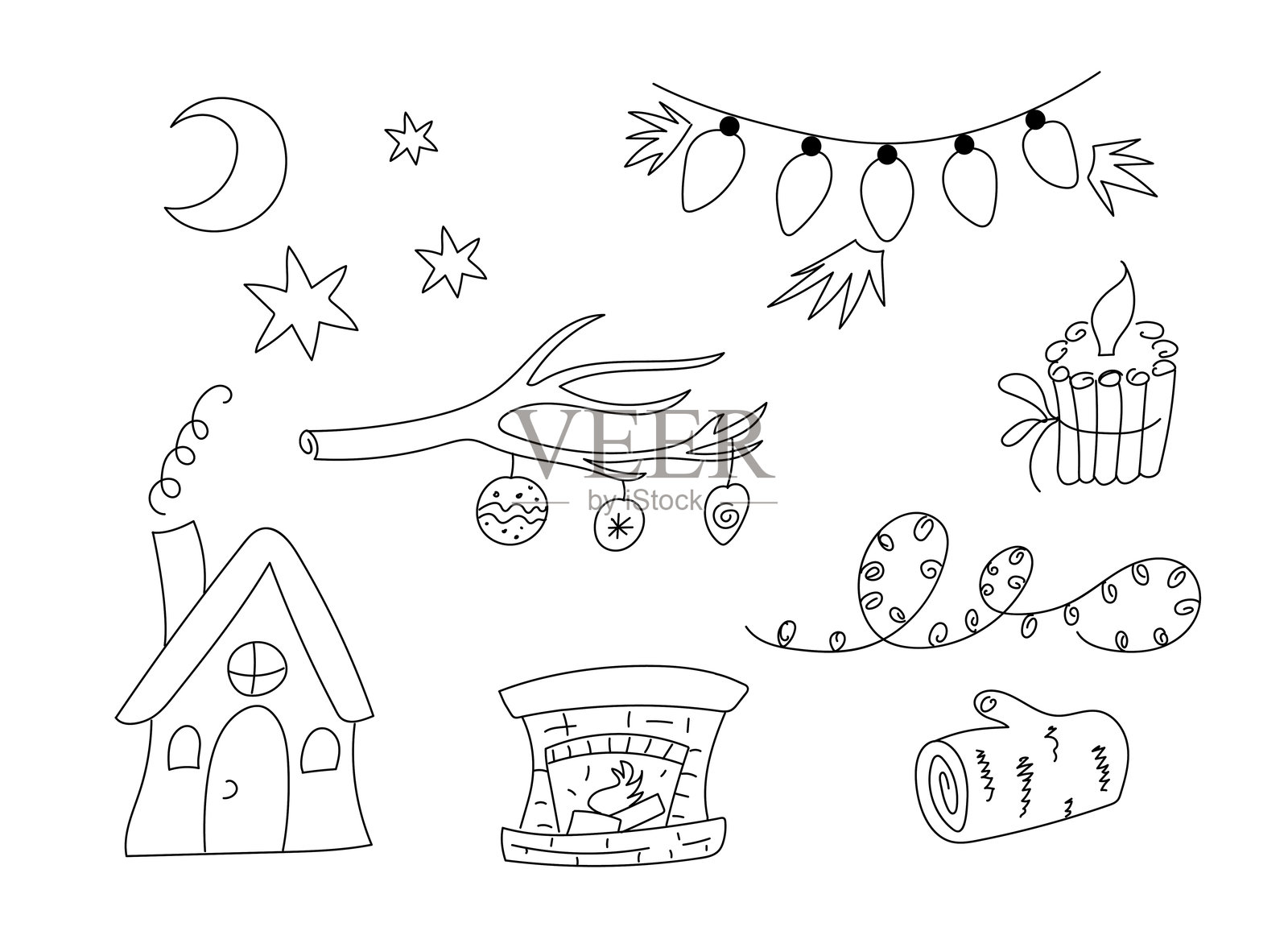 圣诞涂鸦草图。圣诞假期灯光的套装。白色背景上的矢量插图。插画图片素材