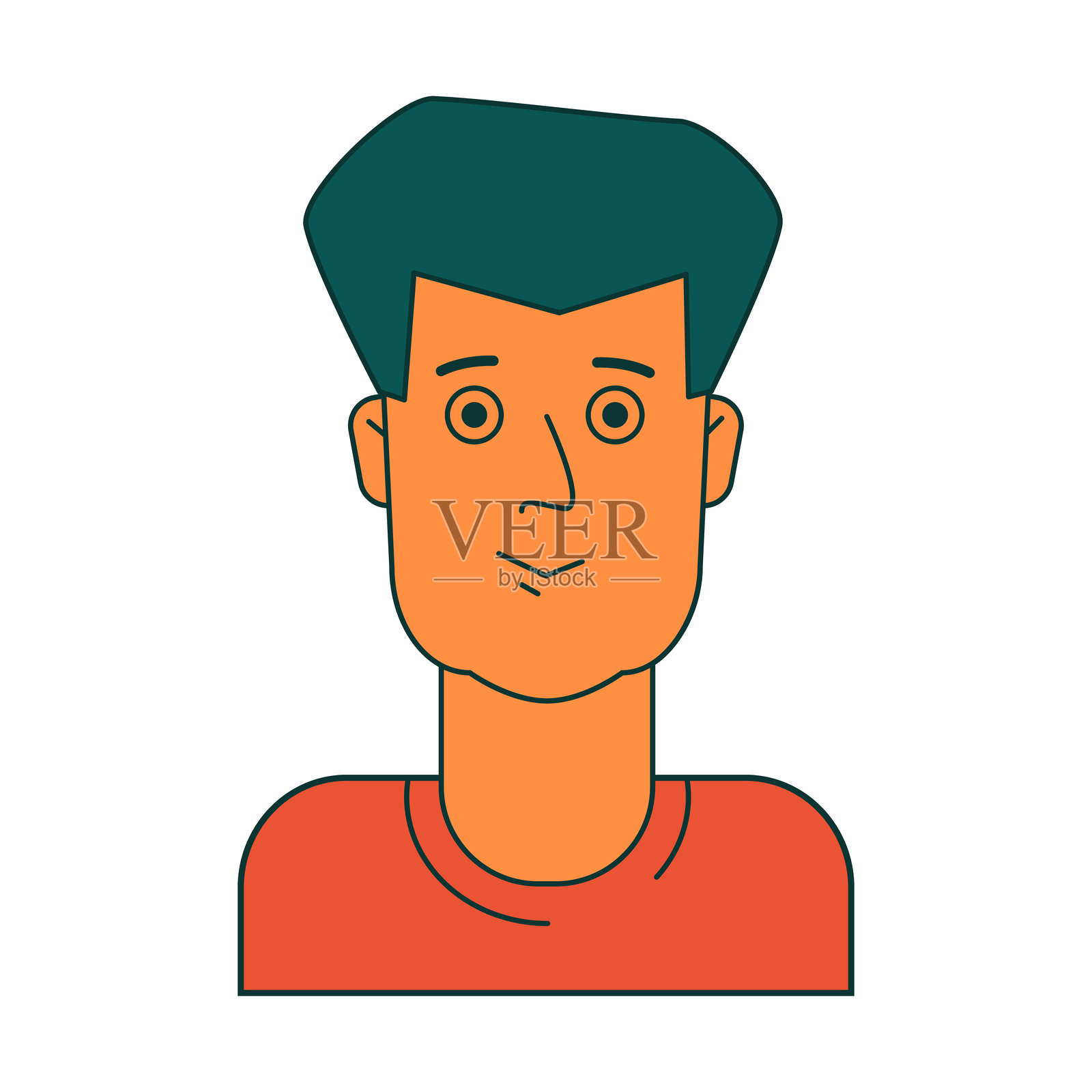 年轻人的脸，绿色的大发型，穿着橙色的t恤。孤立的矢量插图网站，头像，卡和更多的设计插画图片素材